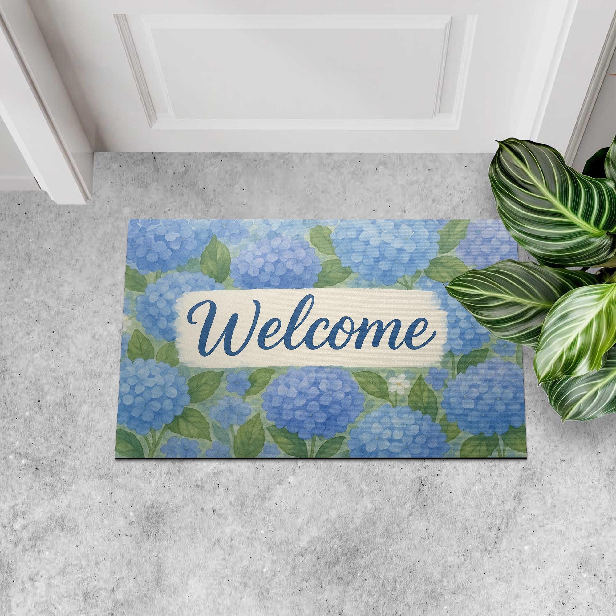 Hydrangea Welcome Doormat, Floral Front Porch Rug, Blue Flower Entry Mat, Spring Summer Door Decor, Watercolor Welcome Mat