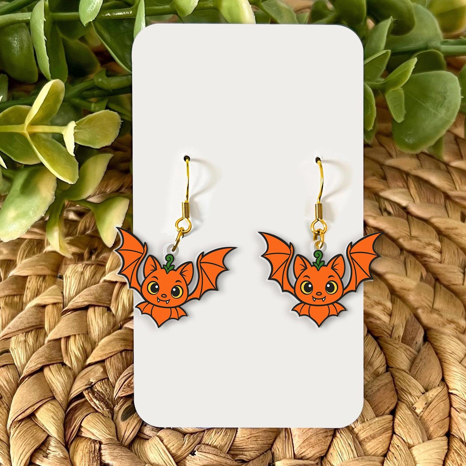Cute Pumpkin Bat Earrings, Halloween Dangle Earrings, Spooky Bat Jewelry, Fall Pumpkin Jewelry, Kawaii Halloween Accessory
