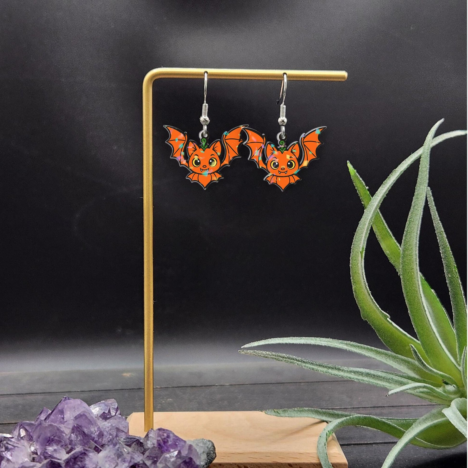 Cute Pumpkin Bat Earrings, Halloween Dangle Earrings, Spooky Bat Jewelry, Fall Pumpkin Jewelry, Kawaii Halloween Accessory