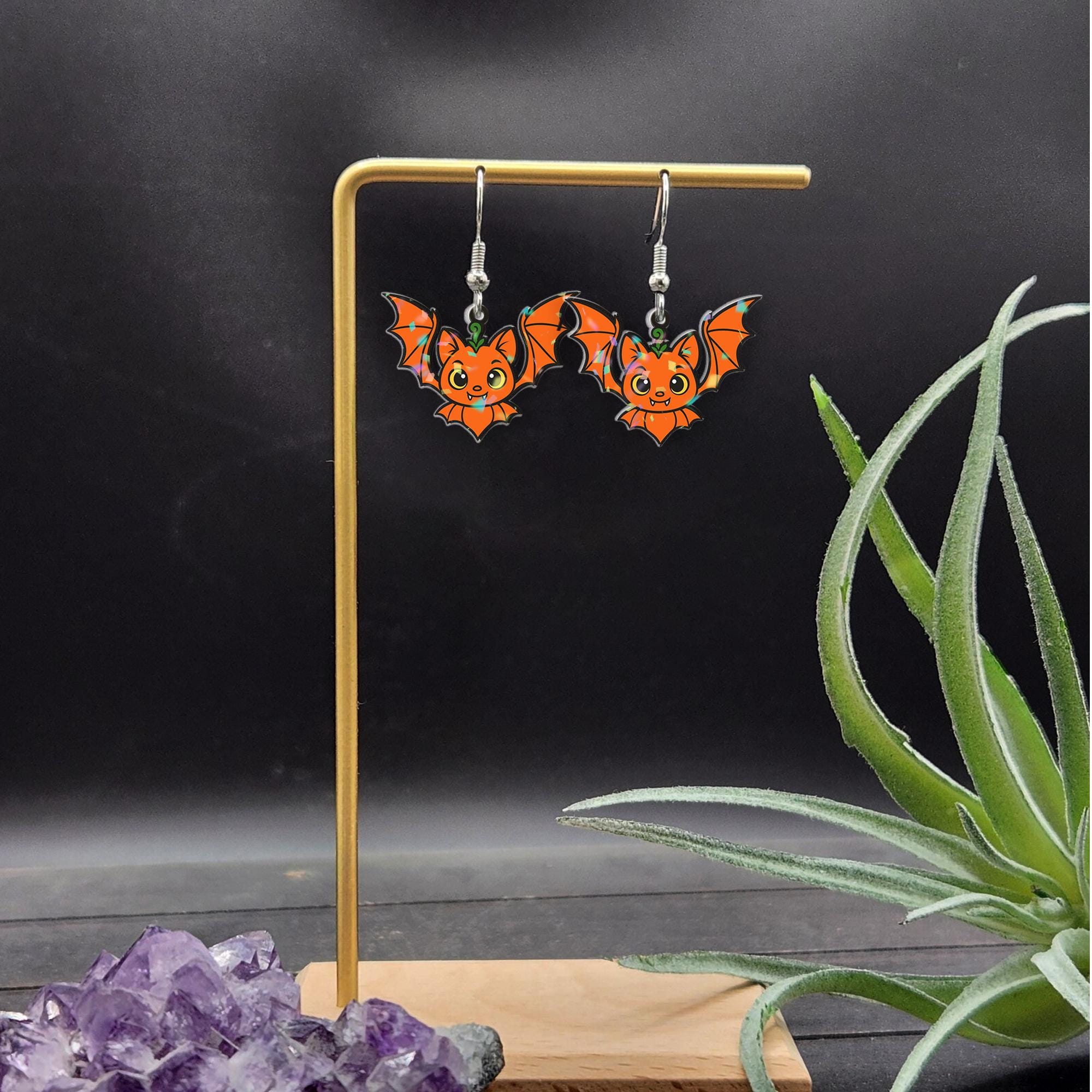 Cute Pumpkin Bat Earrings, Halloween Dangle Earrings, Spooky Bat Jewelry, Fall Pumpkin Jewelry, Kawaii Halloween Accessory