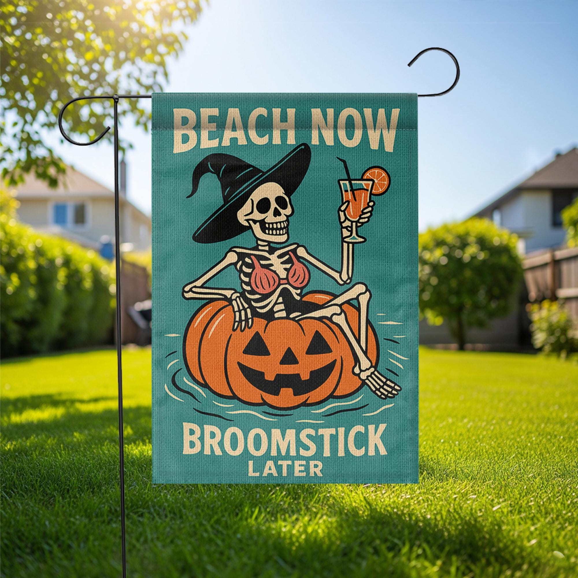 Funny Halloween Beach Garden Flag, Skeleton Witch Pumpkin Yard Decor, Summer Fall Outdoor Flag, Beach Now Broomstick Later