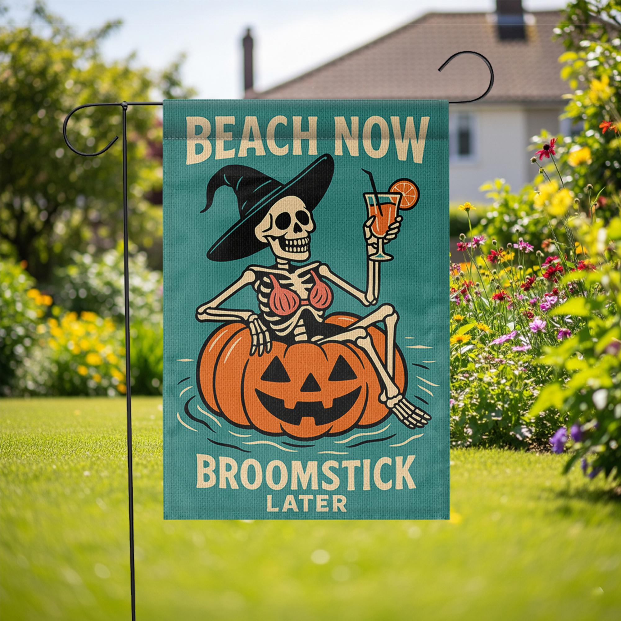 Funny Halloween Beach Garden Flag, Skeleton Witch Pumpkin Yard Decor, Summer Fall Outdoor Flag, Beach Now Broomstick Later