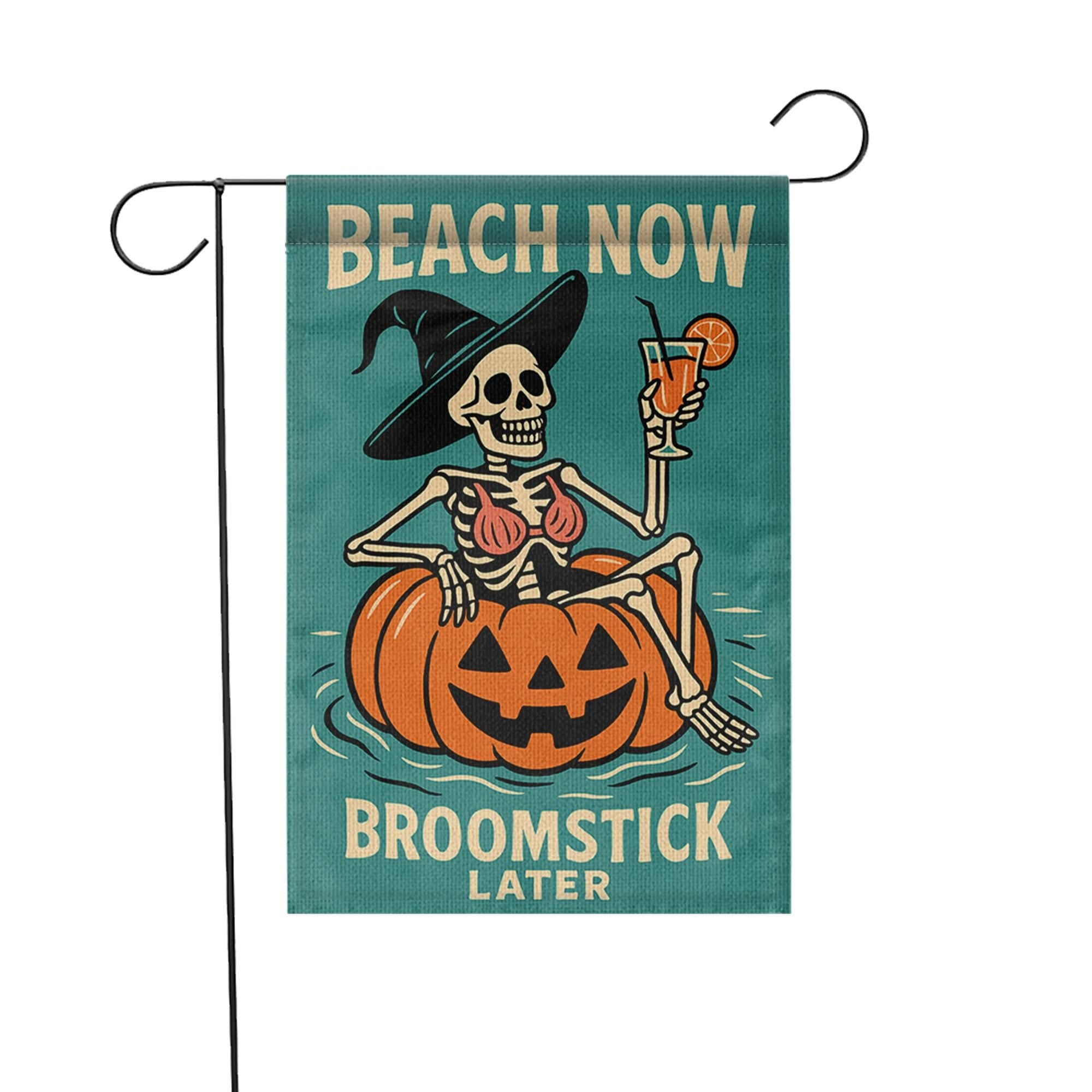 Funny Halloween Beach Garden Flag, Skeleton Witch Pumpkin Yard Decor, Summer Fall Outdoor Flag, Beach Now Broomstick Later