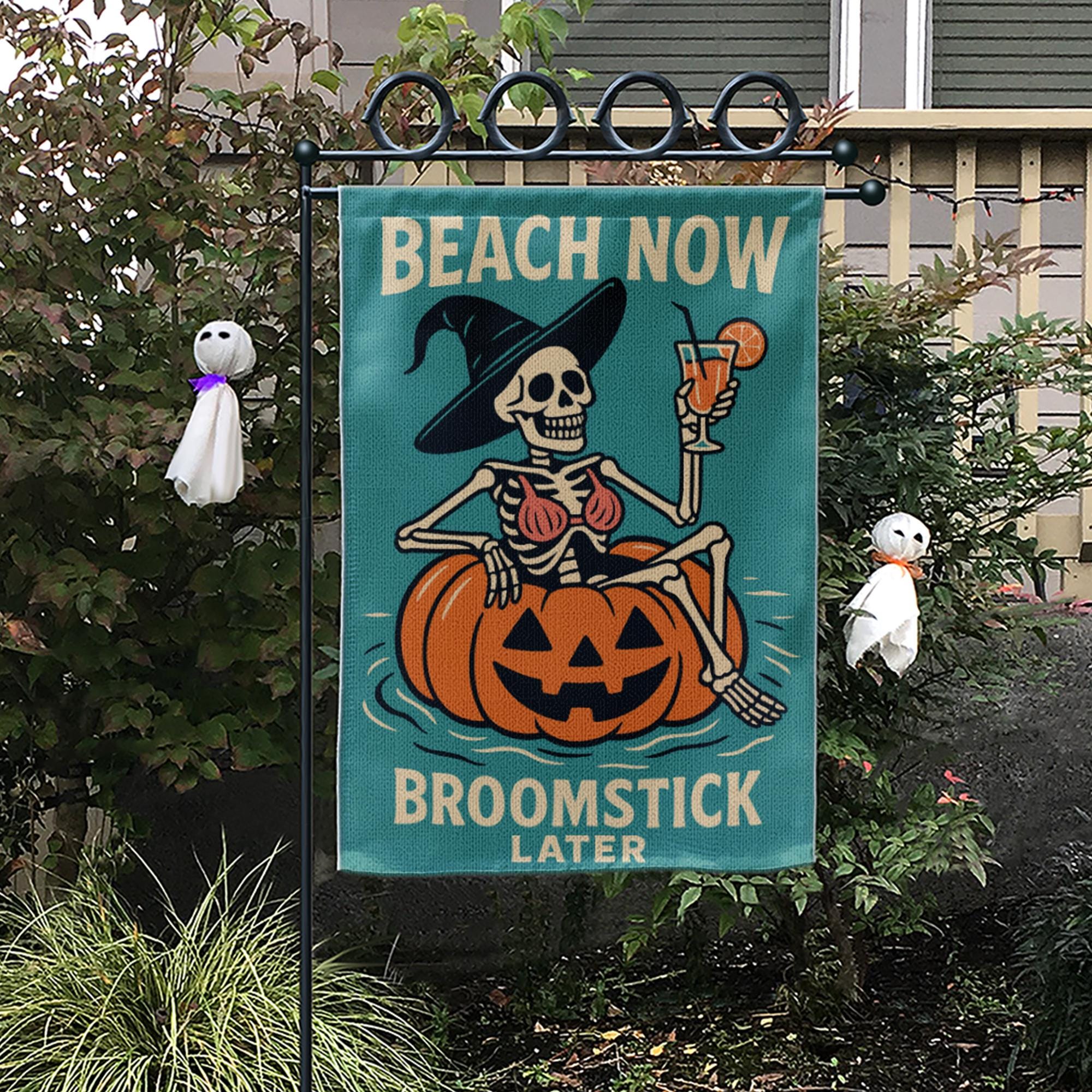 Funny Halloween Beach Garden Flag, Skeleton Witch Pumpkin Yard Decor, Summer Fall Outdoor Flag, Beach Now Broomstick Later
