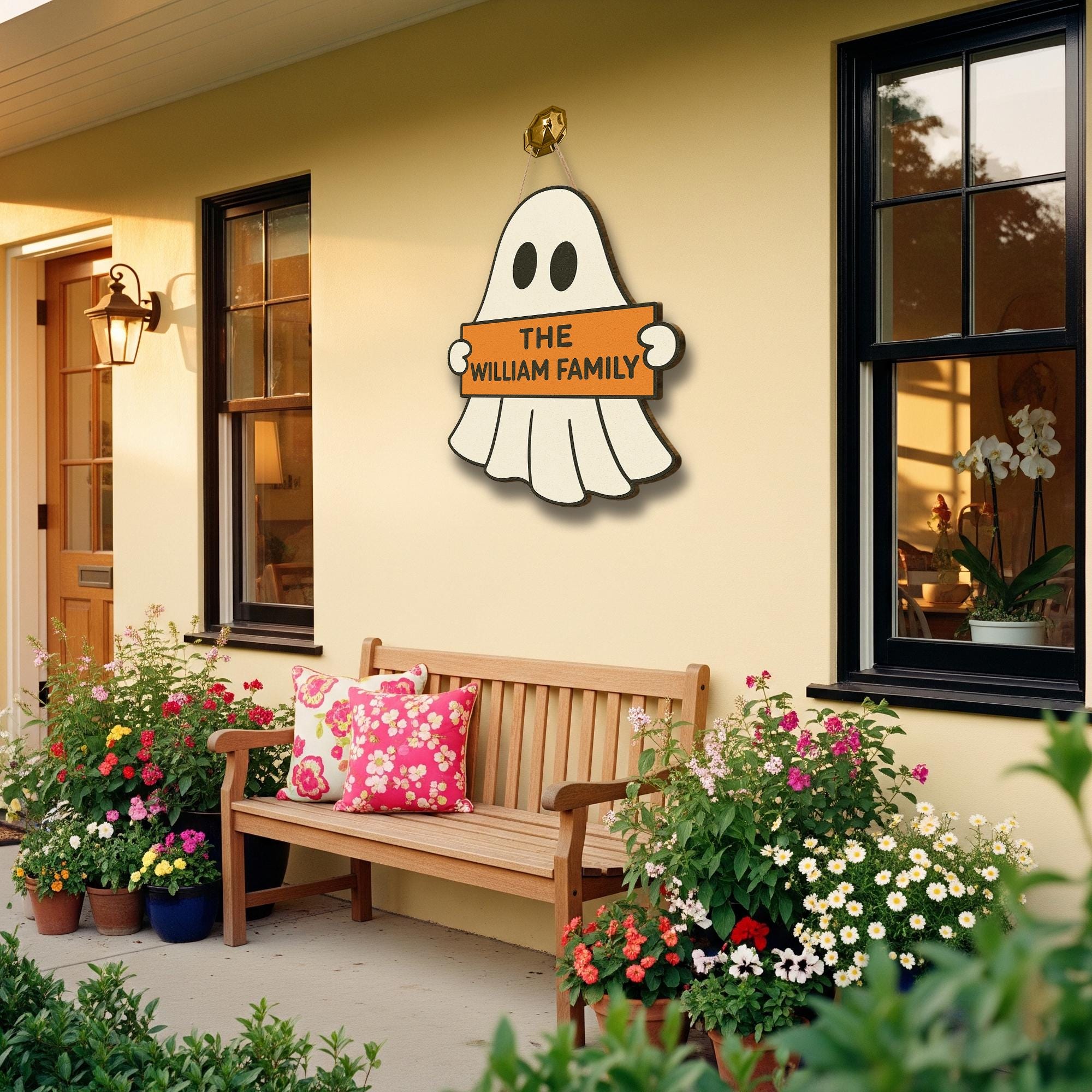 Personalized Ghost Door Hanger, Custom Family Name Sign, Halloween Welcome Decor, Spooky Front Door Sign, Cute Ghost Decoration