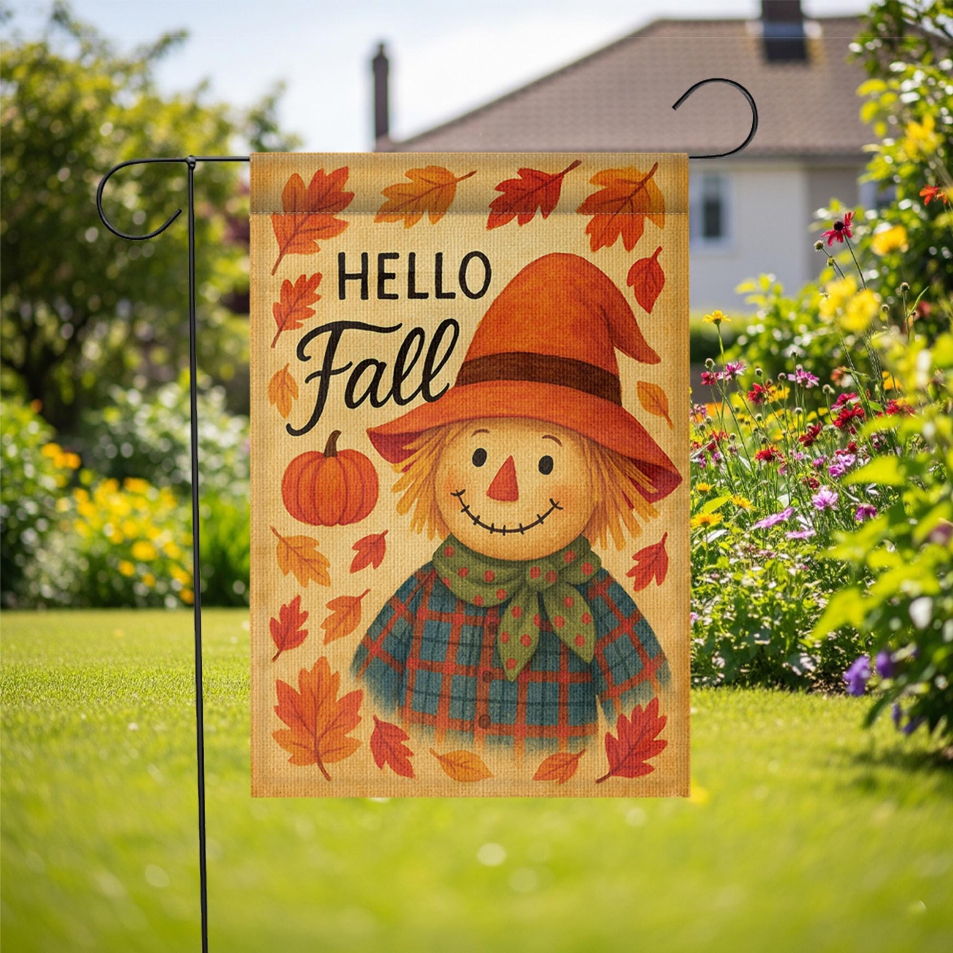 Hello Fall Garden Flag, Cute Scarecrow Yard Decor, Autumn Outdoor Flag, Pumpkin Leaf Lawn Sign, Rustic Fall Porch Decoration