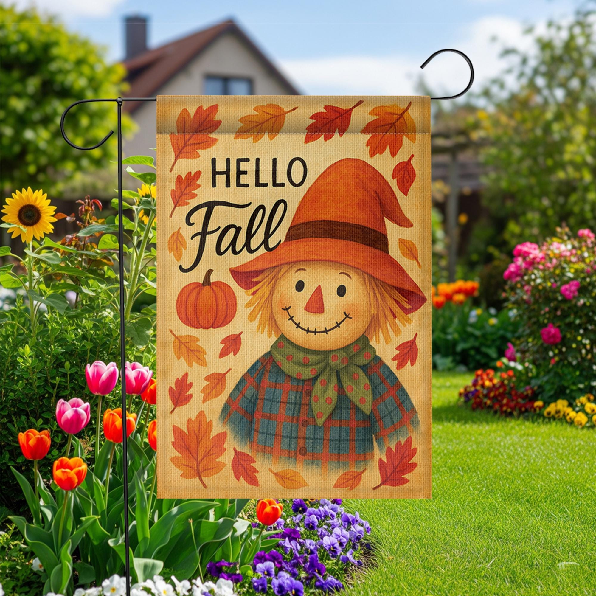Hello Fall Garden Flag, Cute Scarecrow Yard Decor, Autumn Outdoor Flag, Pumpkin Leaf Lawn Sign, Rustic Fall Porch Decoration
