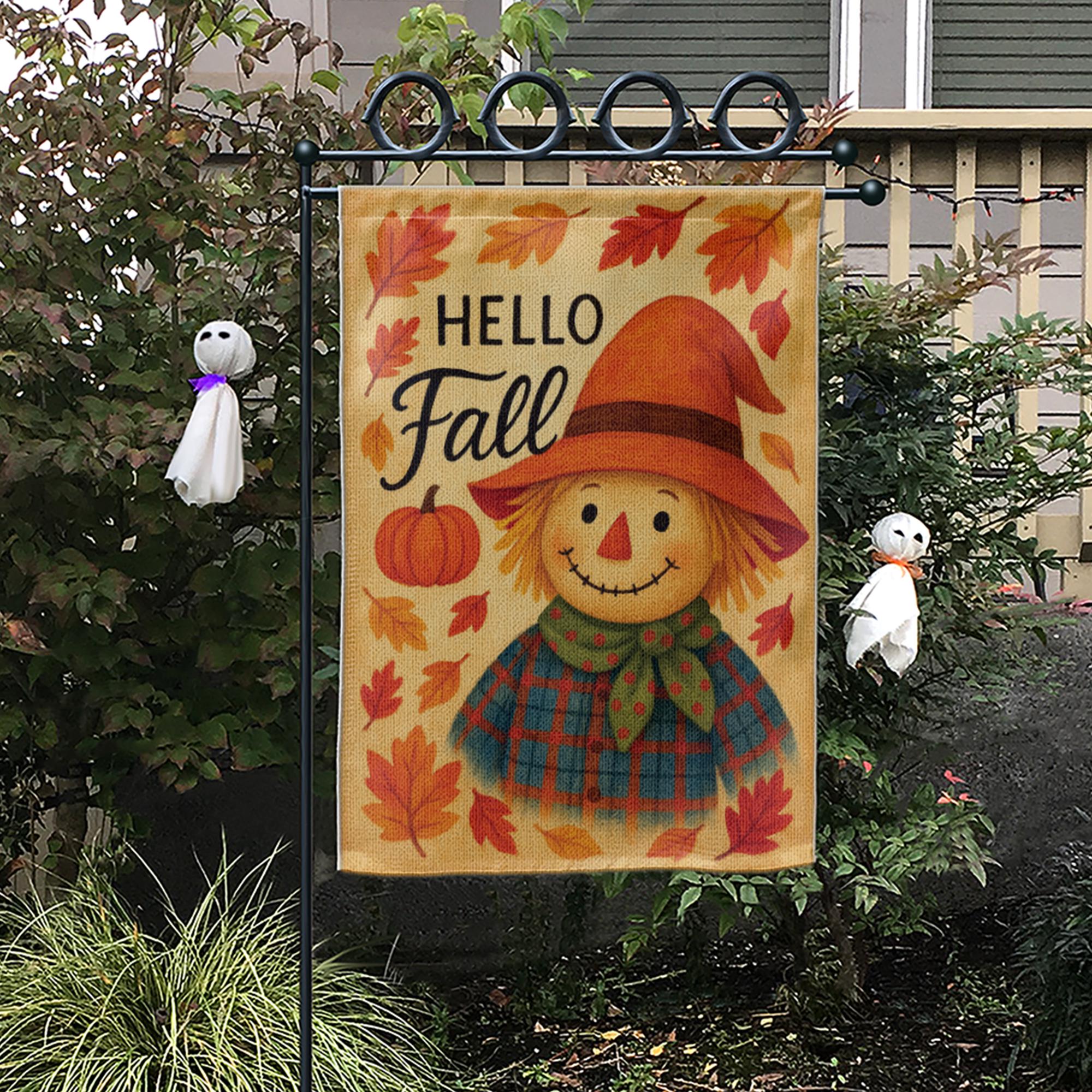 Hello Fall Garden Flag, Cute Scarecrow Yard Decor, Autumn Outdoor Flag, Pumpkin Leaf Lawn Sign, Rustic Fall Porch Decoration
