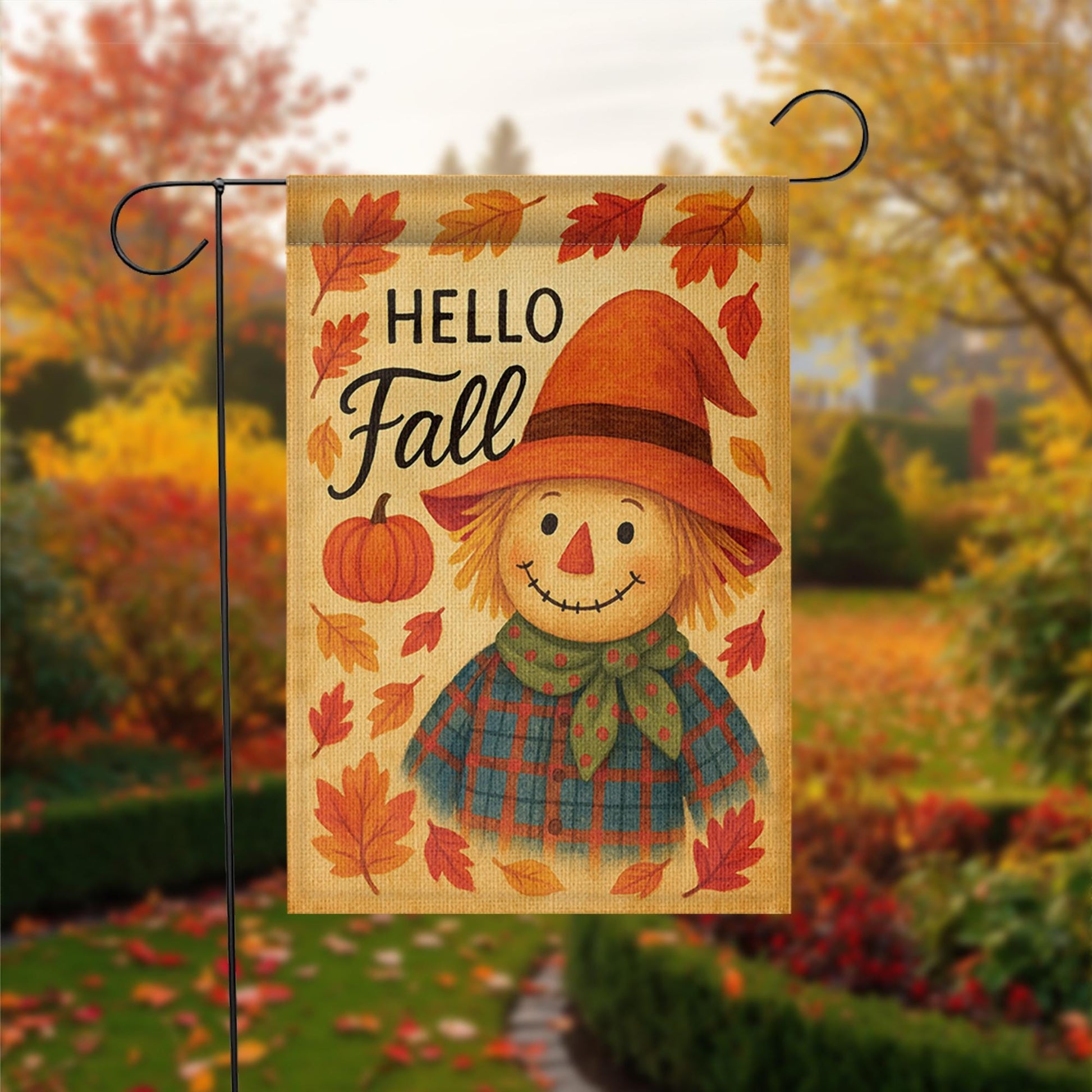 Hello Fall Garden Flag, Cute Scarecrow Yard Decor, Autumn Outdoor Flag, Pumpkin Leaf Lawn Sign, Rustic Fall Porch Decoration