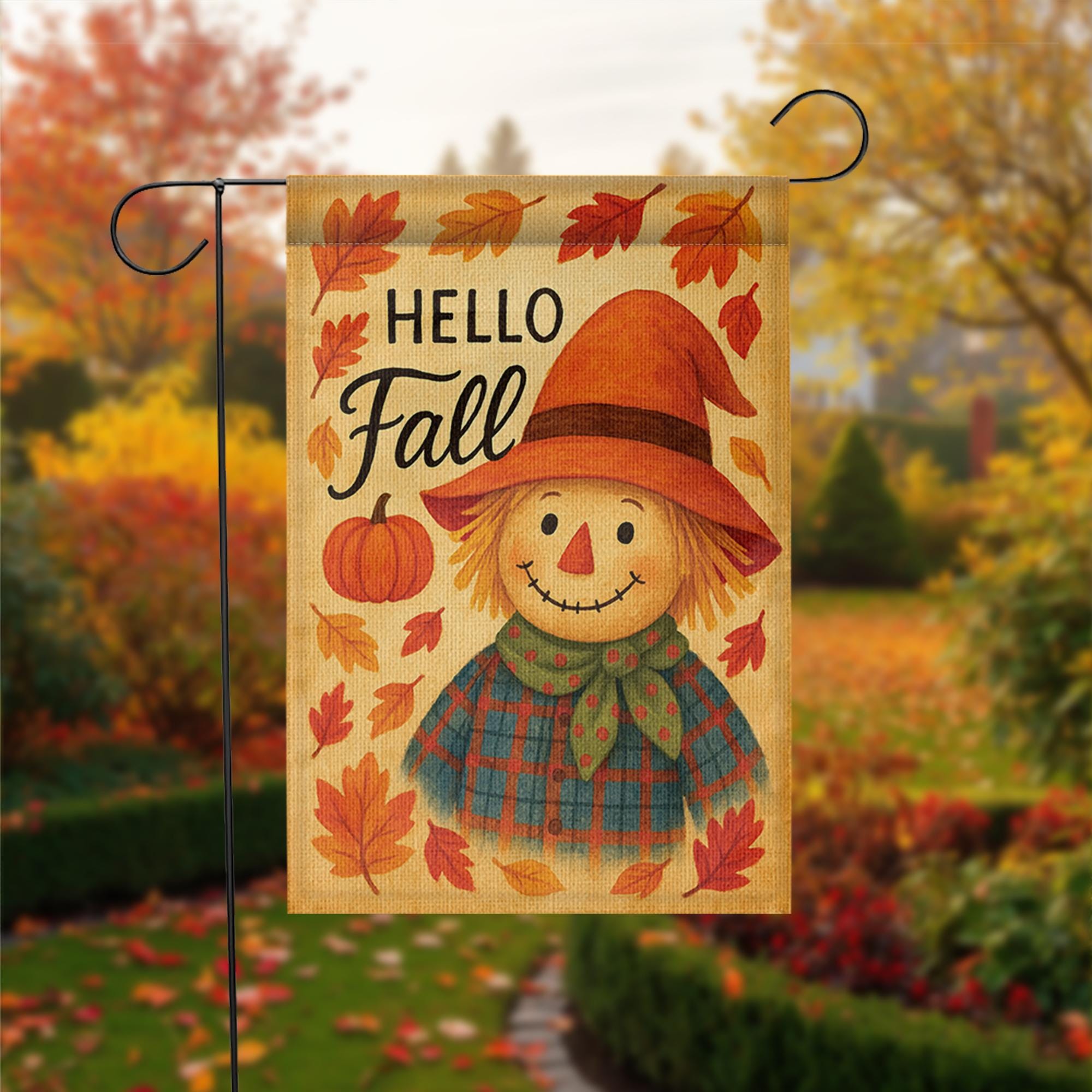 Hello Fall Garden Flag, Cute Scarecrow Yard Decor, Autumn Outdoor Flag, Pumpkin Leaf Lawn Sign, Rustic Fall Porch Decoration