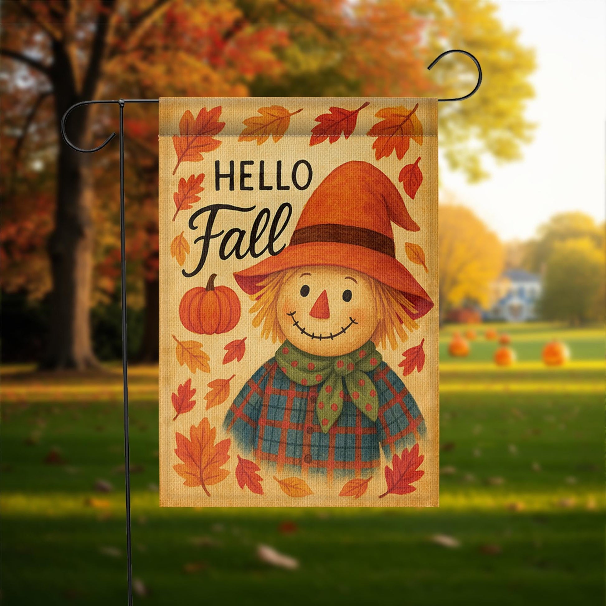 Hello Fall Garden Flag, Cute Scarecrow Yard Decor, Autumn Outdoor Flag, Pumpkin Leaf Lawn Sign, Rustic Fall Porch Decoration