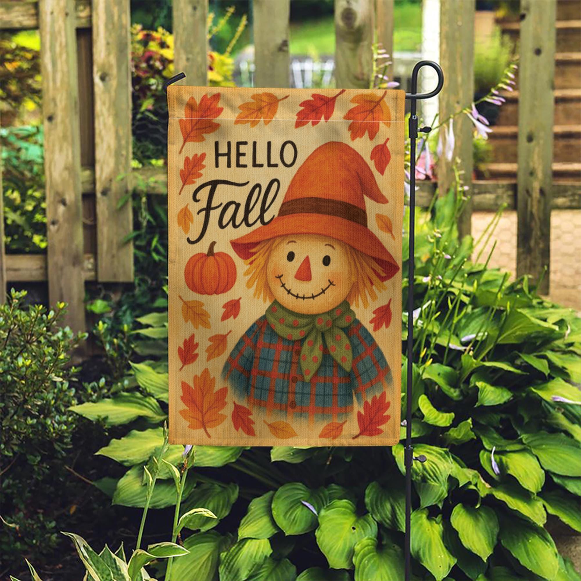 Hello Fall Garden Flag, Cute Scarecrow Yard Decor, Autumn Outdoor Flag, Pumpkin Leaf Lawn Sign, Rustic Fall Porch Decoration