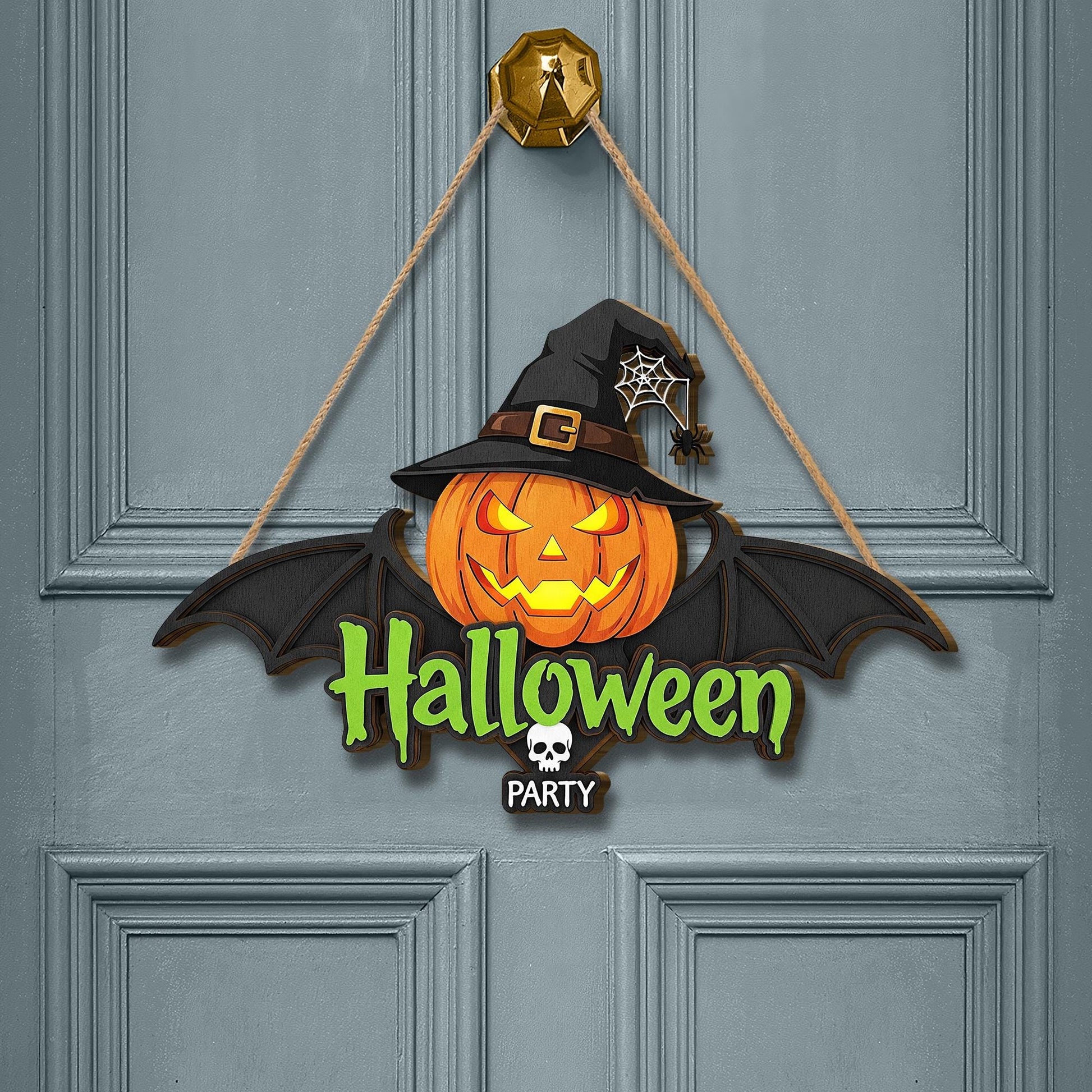 Halloween Party 2 layer  Door Sign - Jack O Lantern Bat Door Hanger - Spooky Witch Hat Wall Decor - Halloween Welcome Sign
