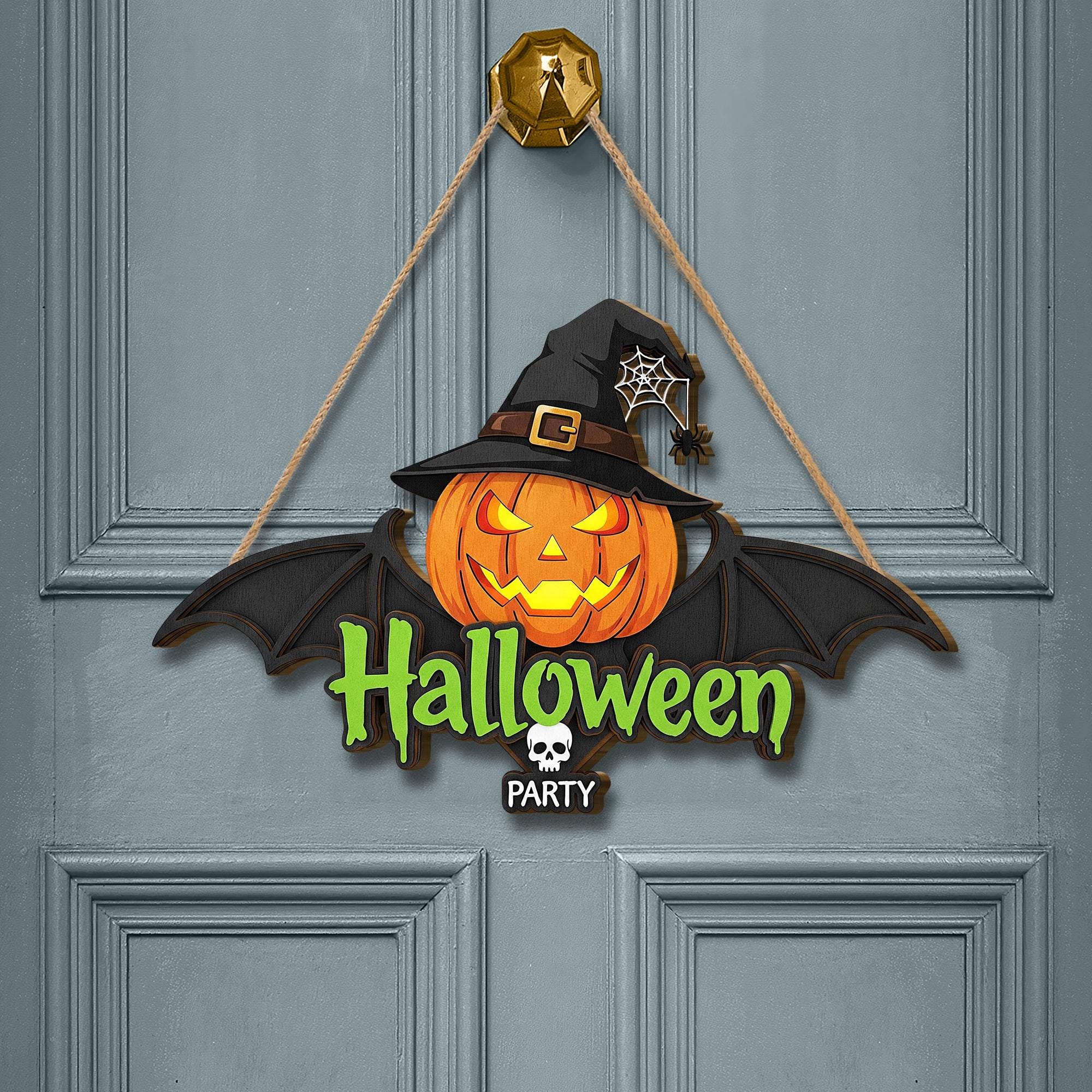 Halloween Party 2 layer  Door Sign - Jack O Lantern Bat Door Hanger - Spooky Witch Hat Wall Decor - Halloween Welcome Sign
