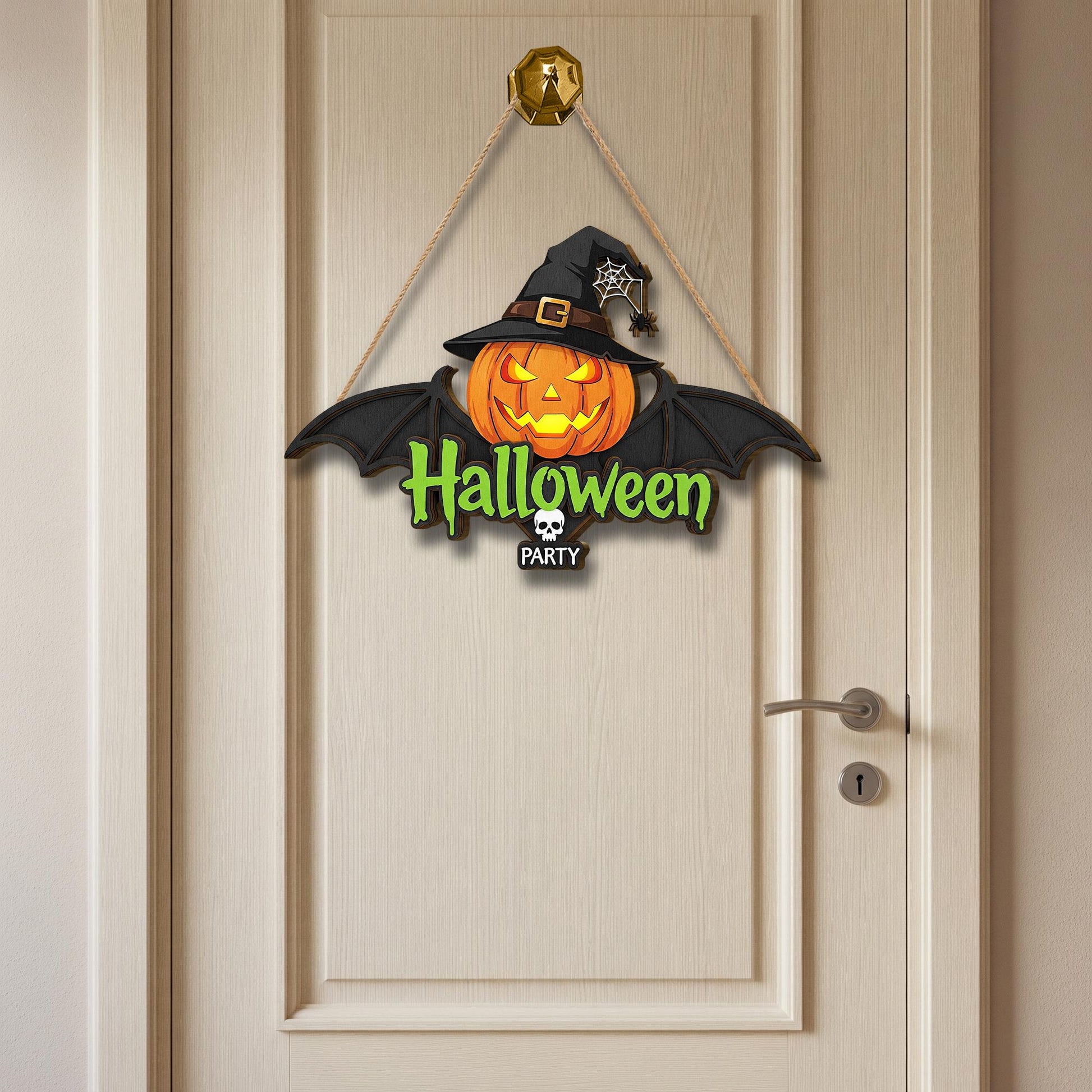 Halloween Party 2 layer  Door Sign - Jack O Lantern Bat Door Hanger - Spooky Witch Hat Wall Decor - Halloween Welcome Sign