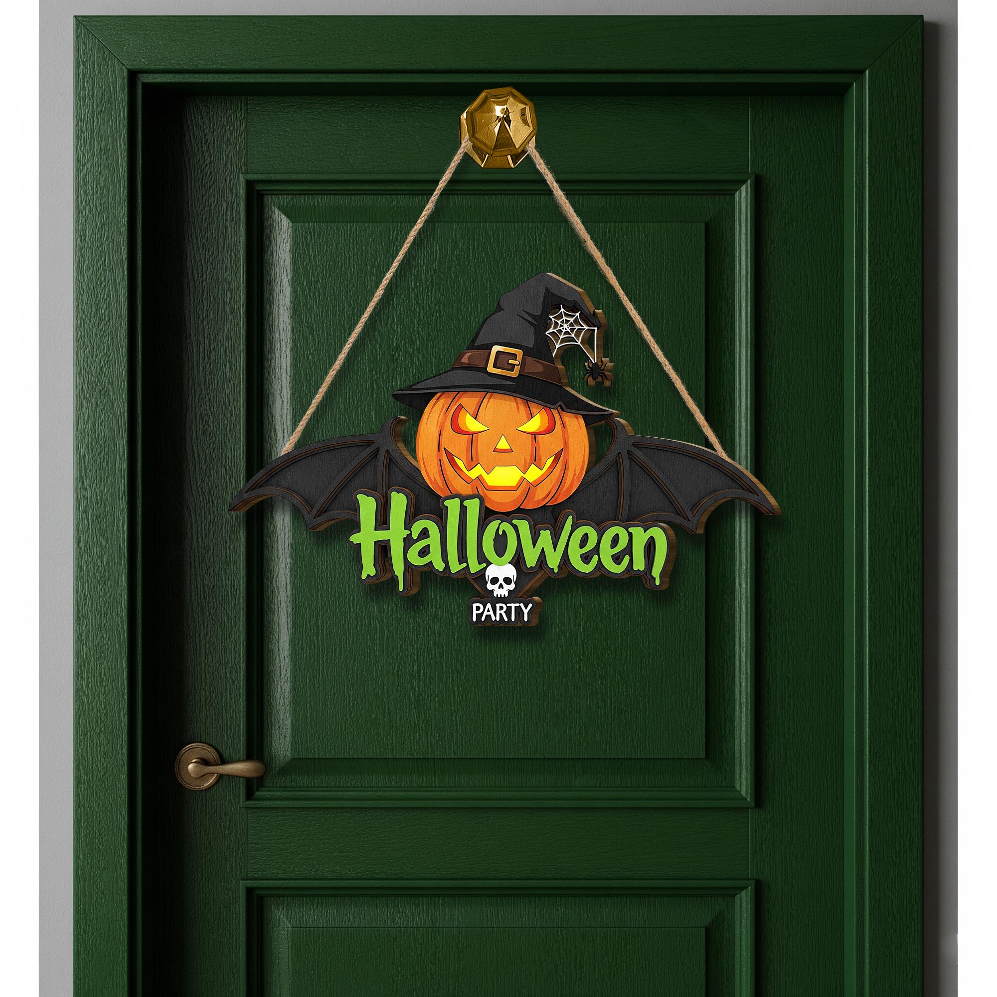 Halloween Party 2 layer  Door Sign - Jack O Lantern Bat Door Hanger - Spooky Witch Hat Wall Decor - Halloween Welcome Sign