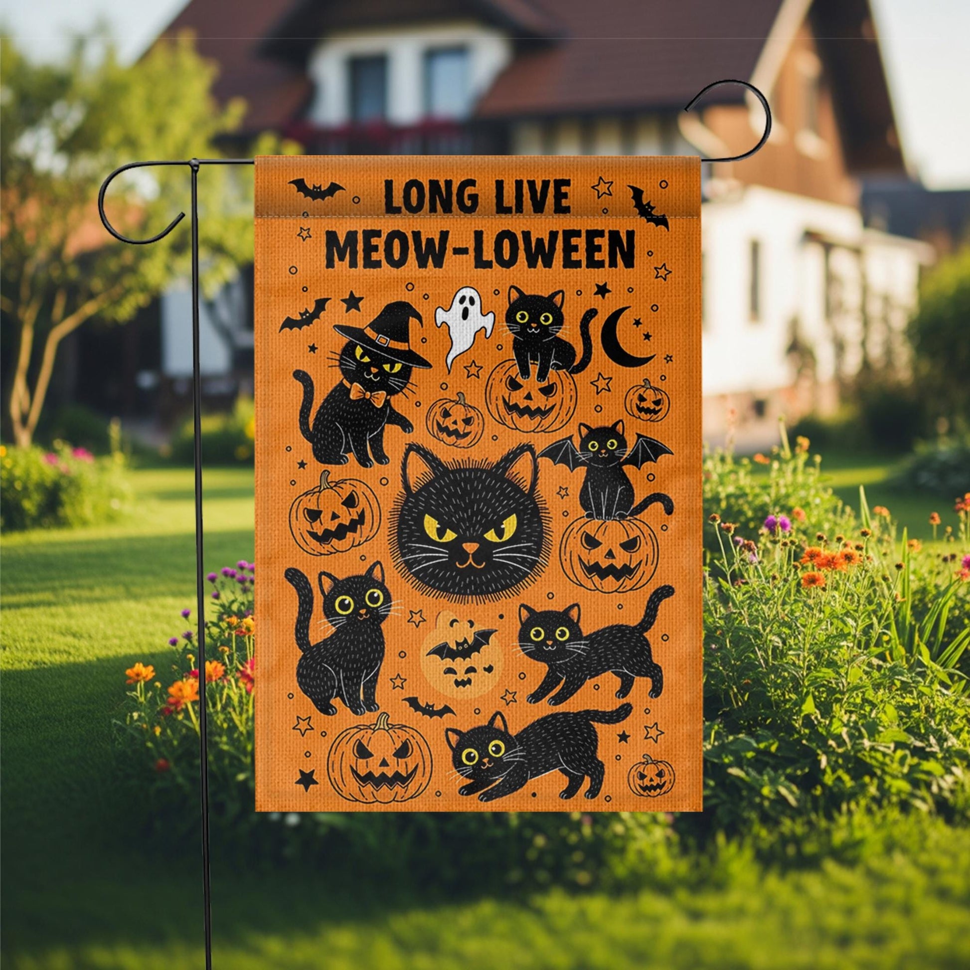 Meowloween Garden Flag, Halloween Cat Yard Flag, Cute Black Cat Pumpkin Outdoor Decor, Funny Spooky Fall Porch Decoration, Fall Cat Decor