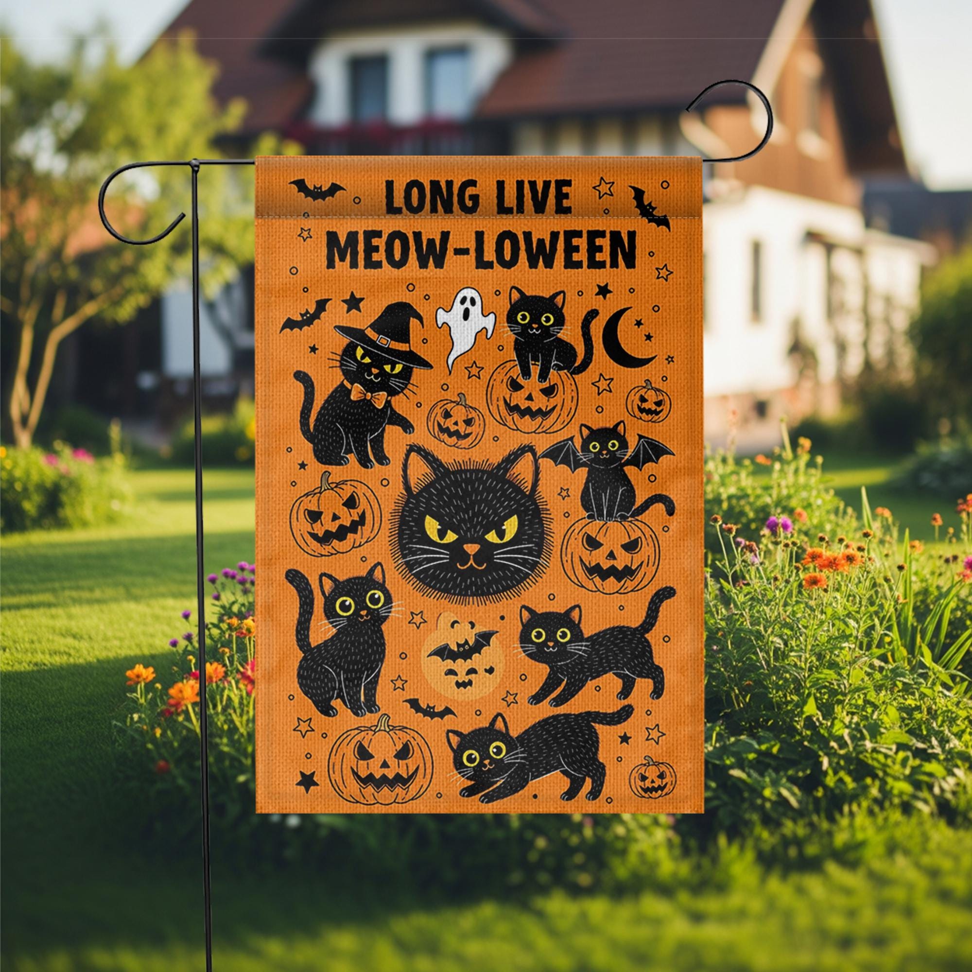 Meowloween Garden Flag, Halloween Cat Yard Flag, Cute Black Cat Pumpkin Outdoor Decor, Funny Spooky Fall Porch Decoration, Fall Cat Decor