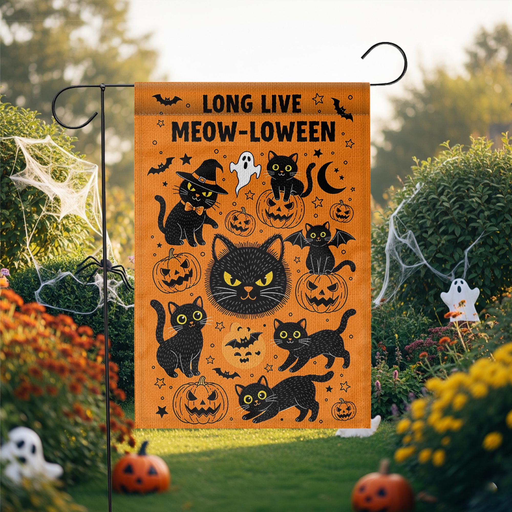 Meowloween Garden Flag, Halloween Cat Yard Flag, Cute Black Cat Pumpkin Outdoor Decor, Funny Spooky Fall Porch Decoration, Fall Cat Decor