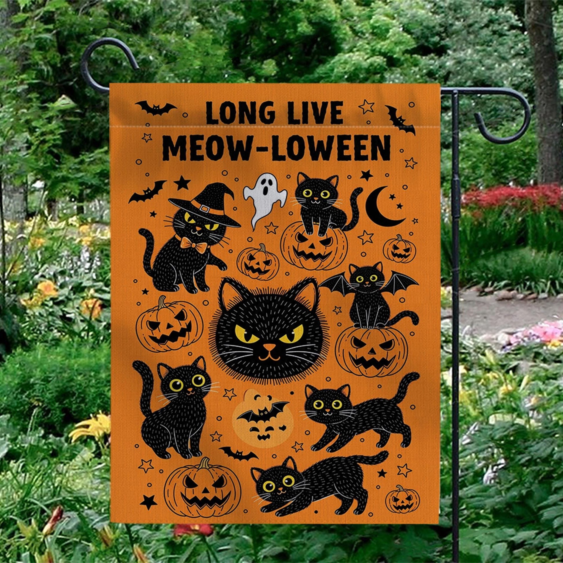 Meowloween Garden Flag, Halloween Cat Yard Flag, Cute Black Cat Pumpkin Outdoor Decor, Funny Spooky Fall Porch Decoration, Fall Cat Decor
