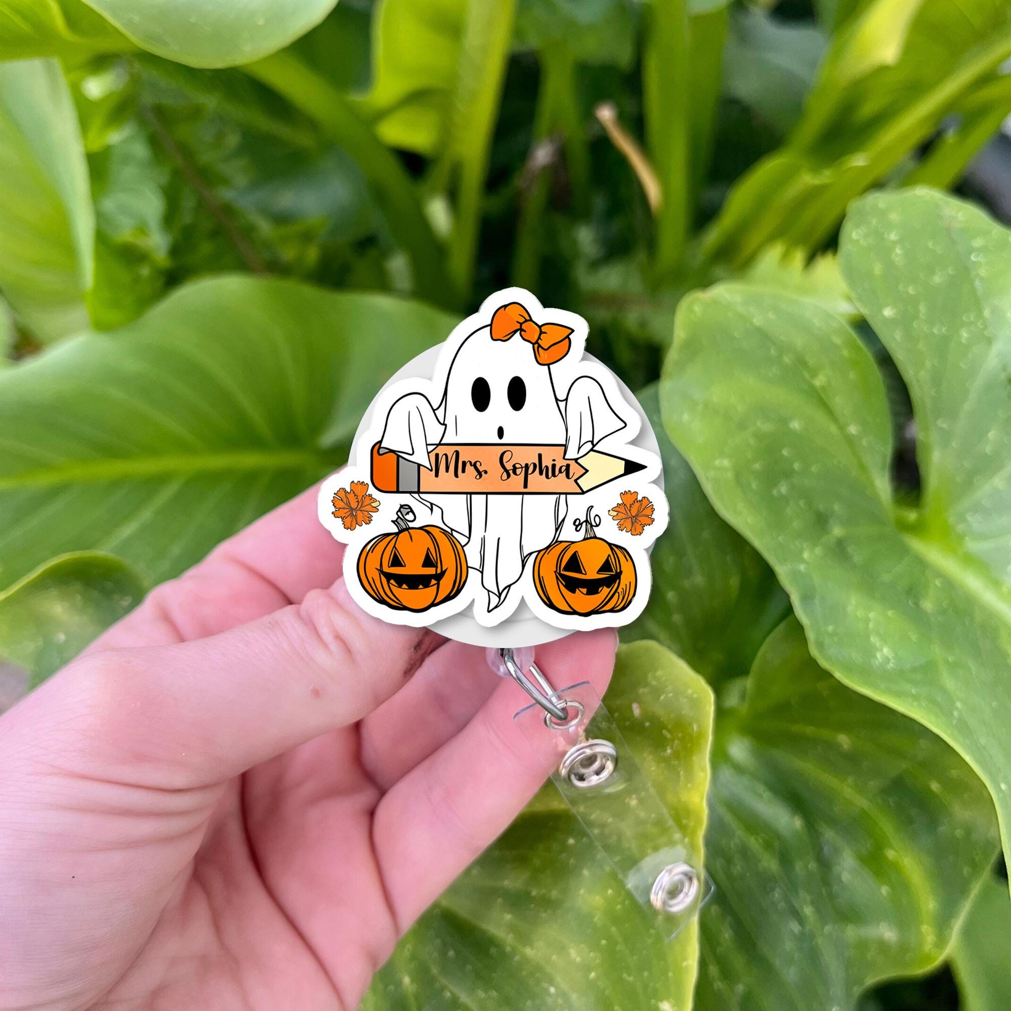 Personalized Halloween Ghost Badge Reel, Custom Name ID Holder for Teacher, Cute Spooky Nurse Badge, Fall Pumpkin Accessory