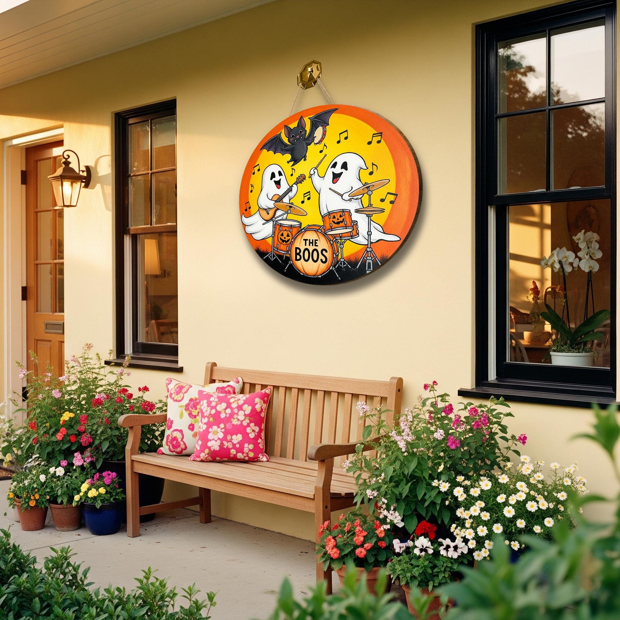 Funny Halloween Ghost Band Door Sign - The Boos Music Wall Decor - Cute Ghost Halloween Party Hanger