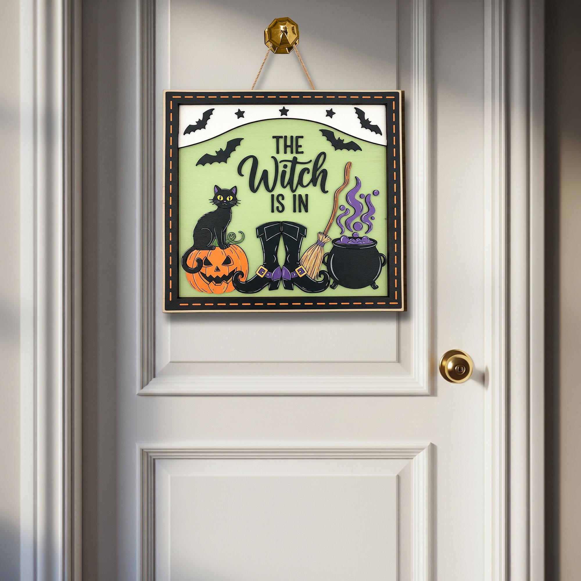 The Witch Is In 2 layer  Door Sign - Halloween Witch Decor - Black Cat Broom Cauldron Wall Art - Spooky Fall Door Hanger