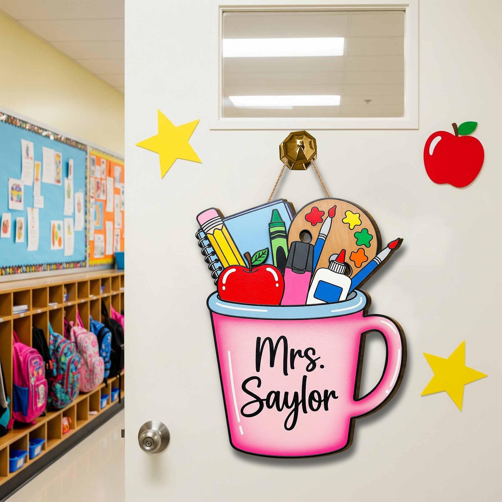 Personalized Teacher Door Sign – Custom Pink Tumbler Mug Classroom Decor – Back to School Gift for Teachers – Art & School Supplies Design
