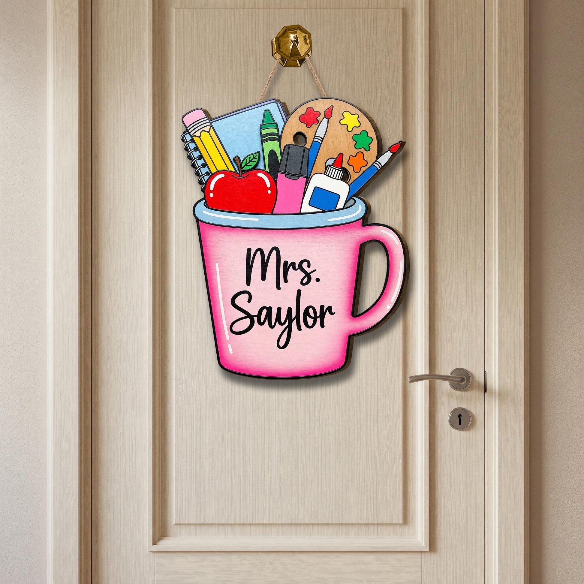 Personalized Teacher Door Sign – Custom Pink Tumbler Mug Classroom Decor – Back to School Gift for Teachers – Art & School Supplies Design