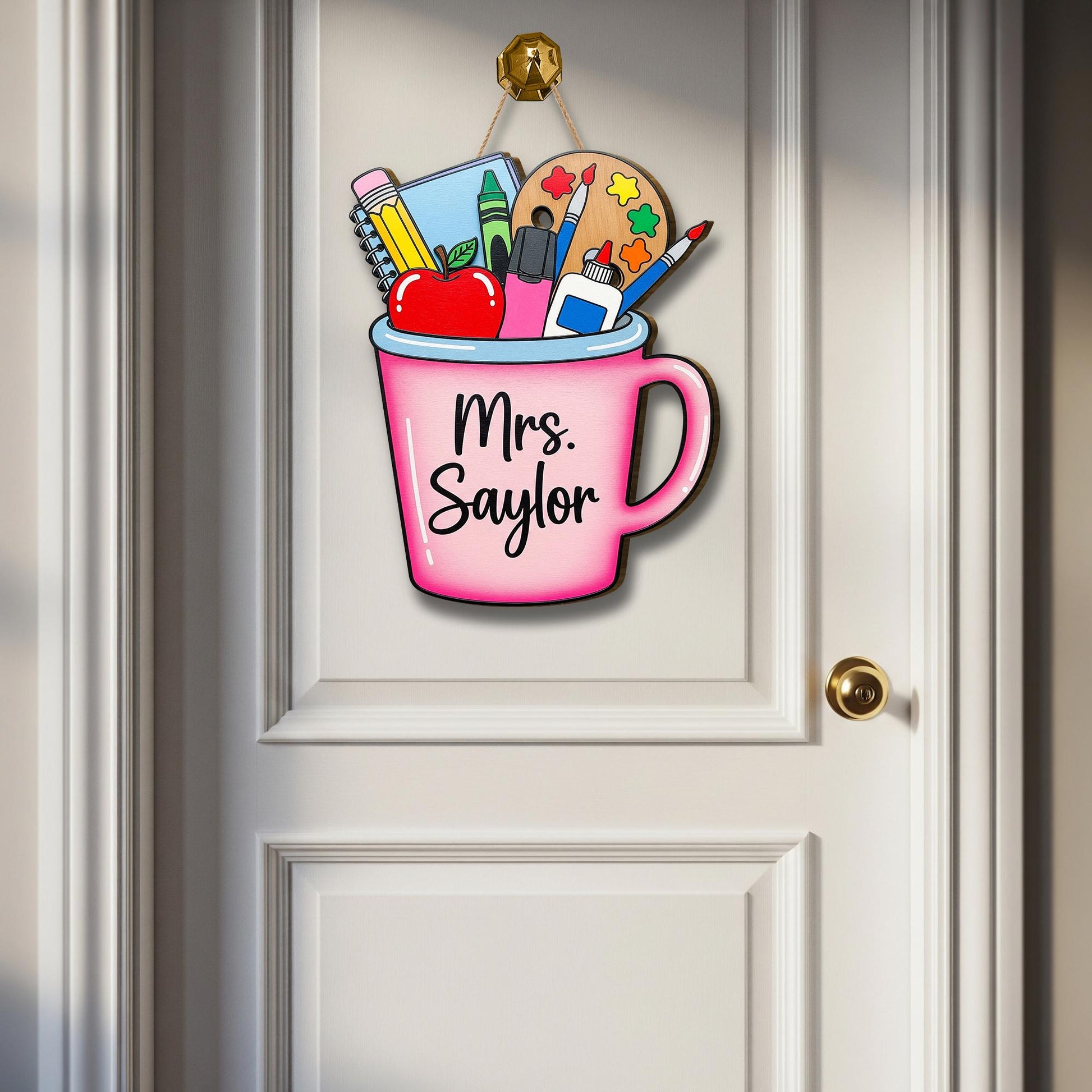 Personalized Teacher Door Sign – Custom Pink Tumbler Mug Classroom Decor – Back to School Gift for Teachers – Art & School Supplies Design