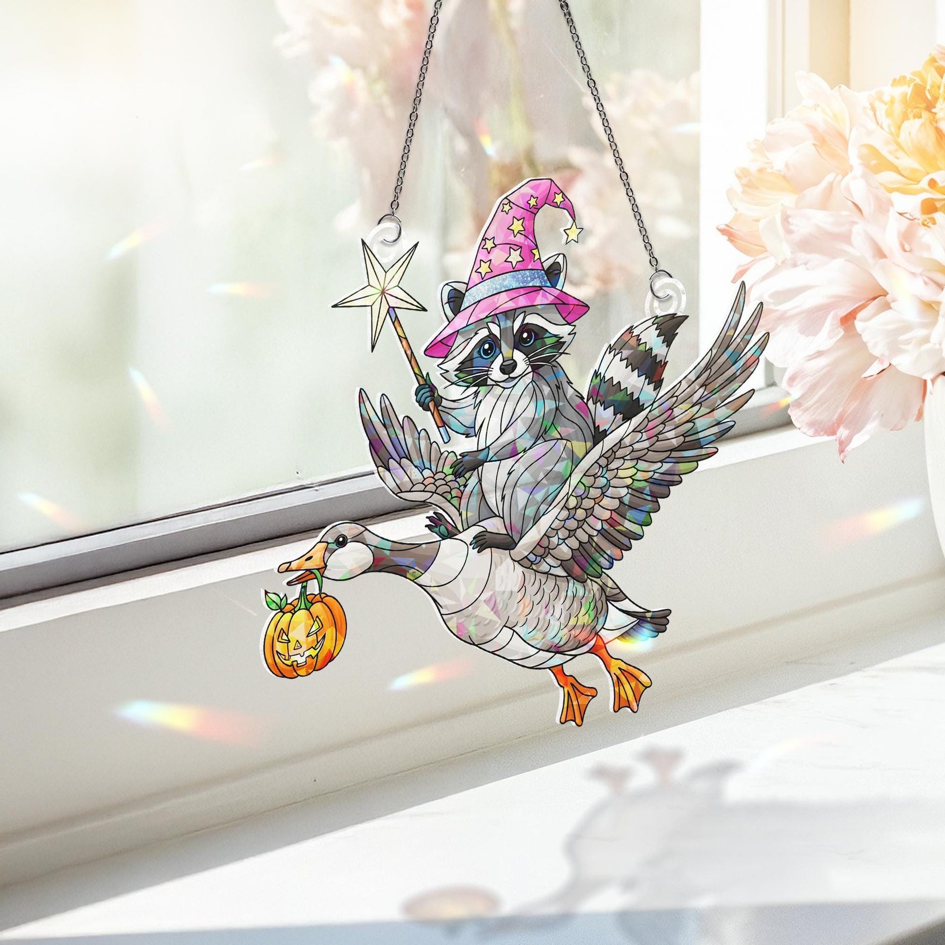 Magical Raccoon Riding Goose Ornament | Witchy Animal Halloween Decor | Fantasy Flying Duo Art | Unique Gift