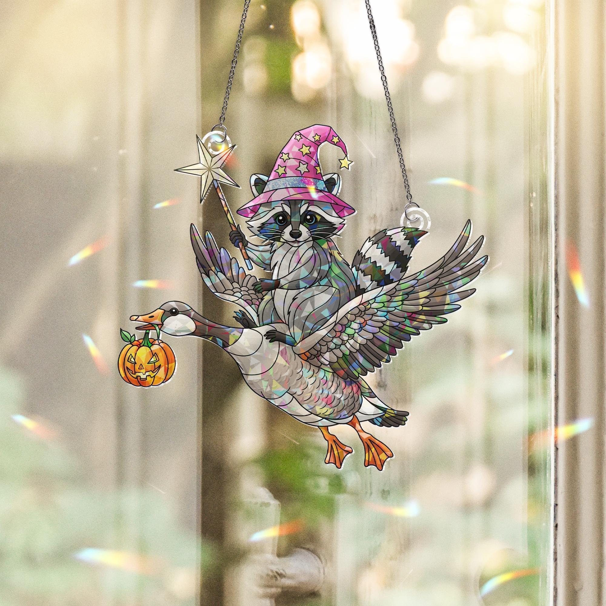 Magical Raccoon Riding Goose Ornament | Witchy Animal Halloween Decor | Fantasy Flying Duo Art | Unique Gift