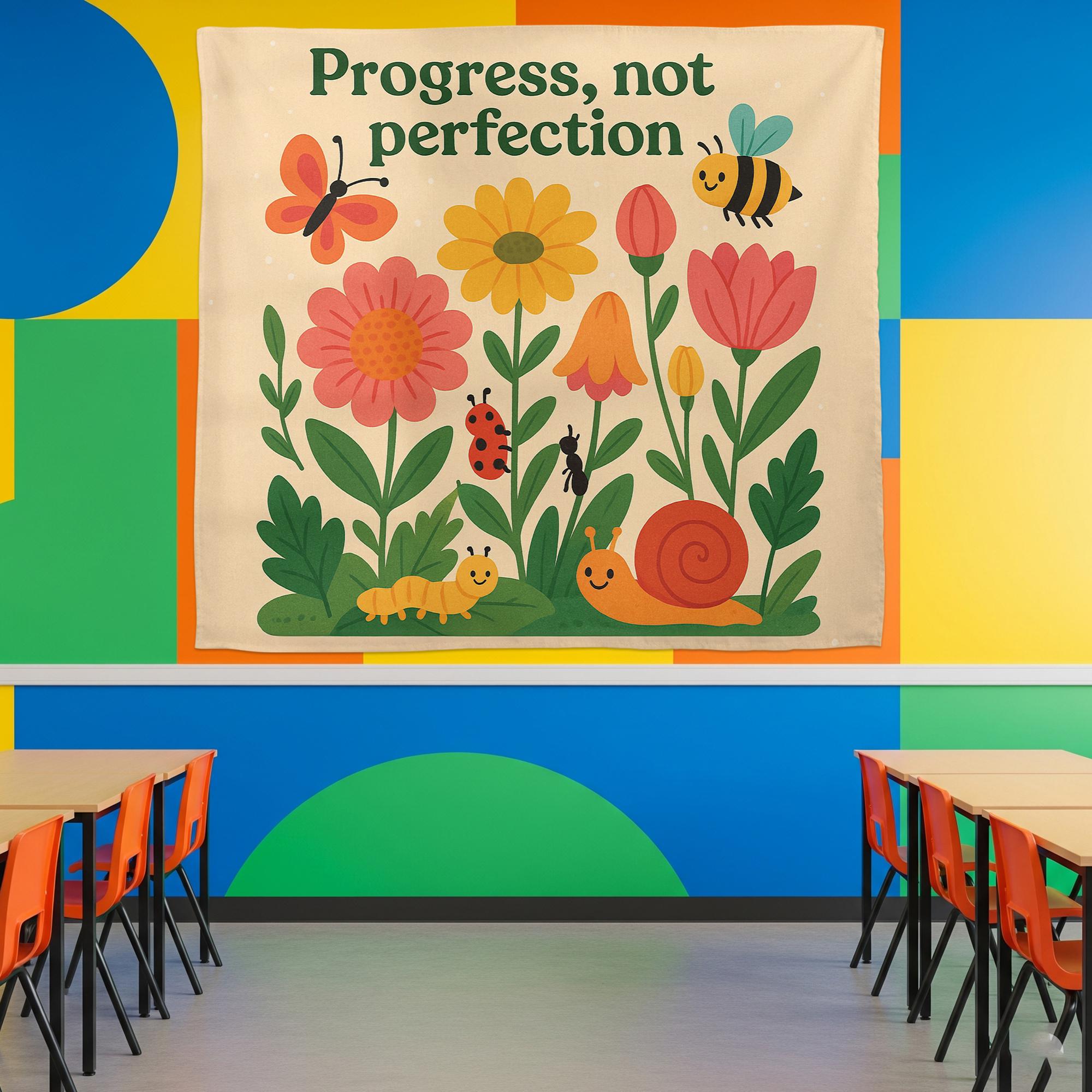 Progress Not Perfection Tapestry, Motivational Speech Room Wall Decor, Nature Bug Theme SLP Banner, Classroom Therapy Sign