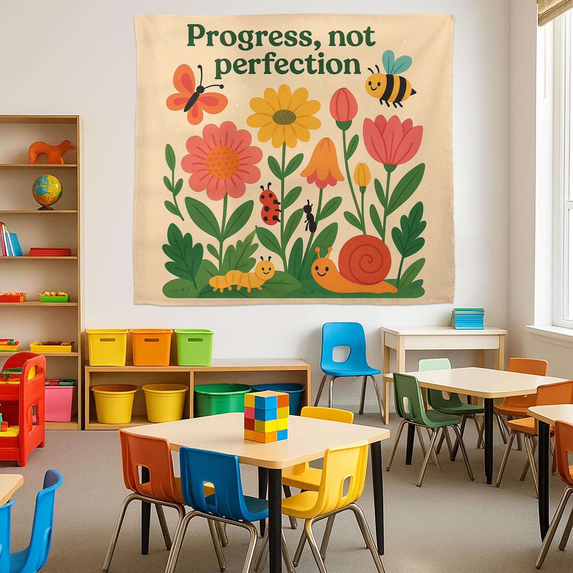 Progress Not Perfection Tapestry, Motivational Speech Room Wall Decor, Nature Bug Theme SLP Banner, Classroom Therapy Sign