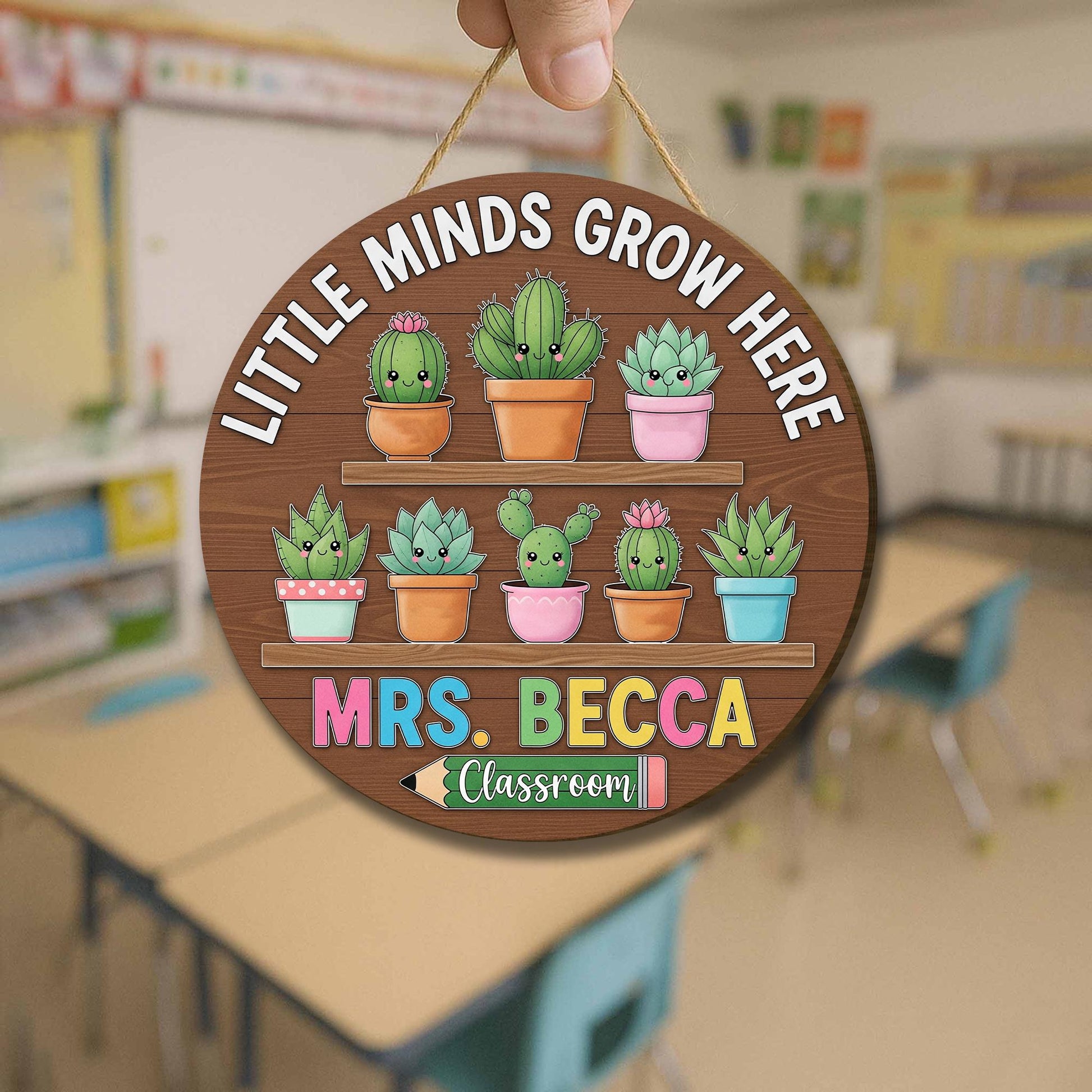 Little Minds Grow Here Teacher Sign – Personalized Classroom Door Decor with Cute Cactus – Custom Back to School Gift, Pre-K Door Sign