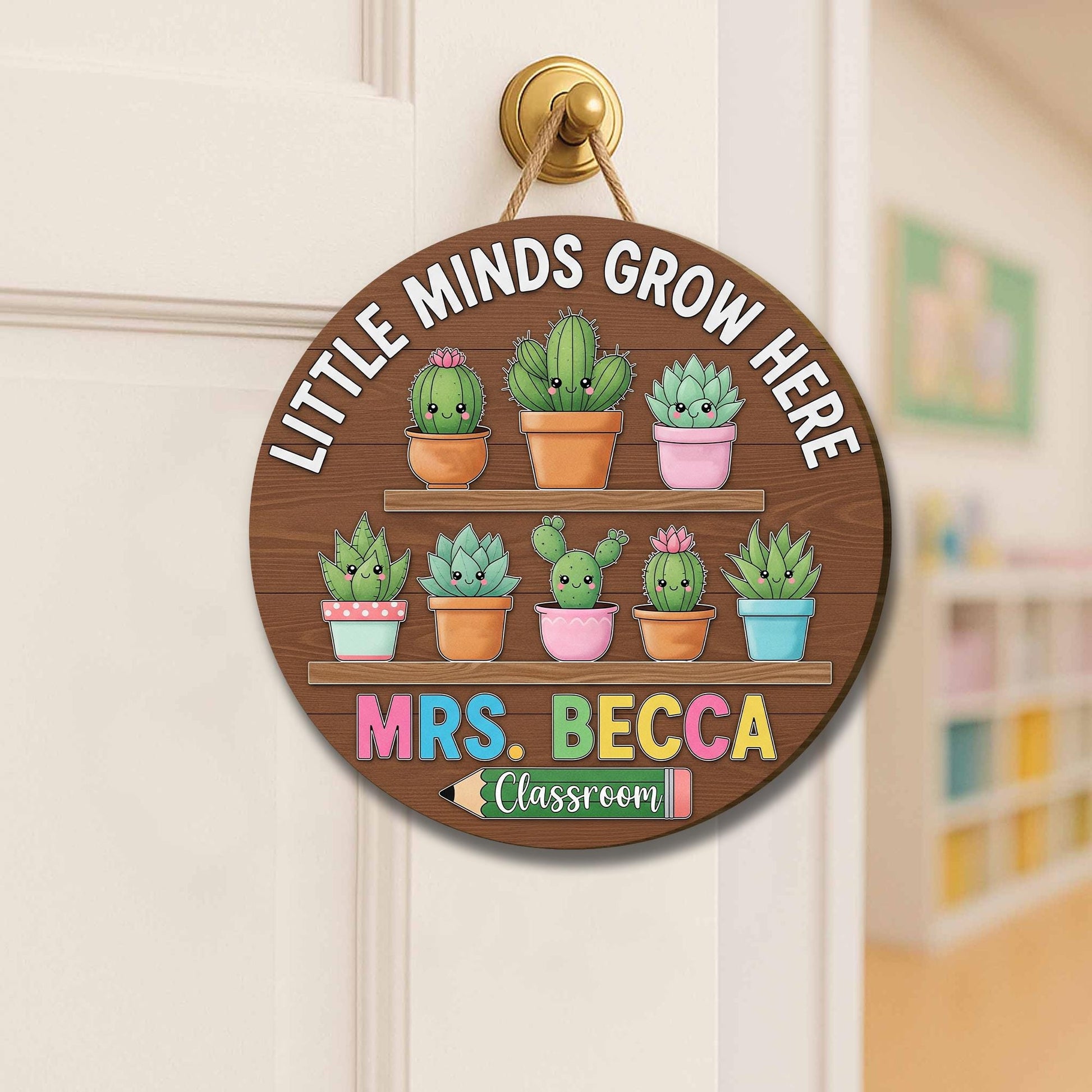 Little Minds Grow Here Teacher Sign – Personalized Classroom Door Decor with Cute Cactus – Custom Back to School Gift, Pre-K Door Sign