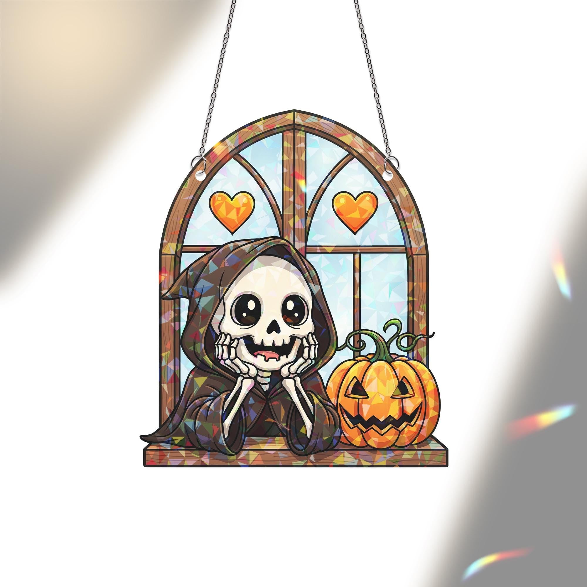 Adorable Chibi Grim Reaper Window Ornament | Cute Halloween Skeleton Decor | Spooky Kawaii Art | Unique Gift