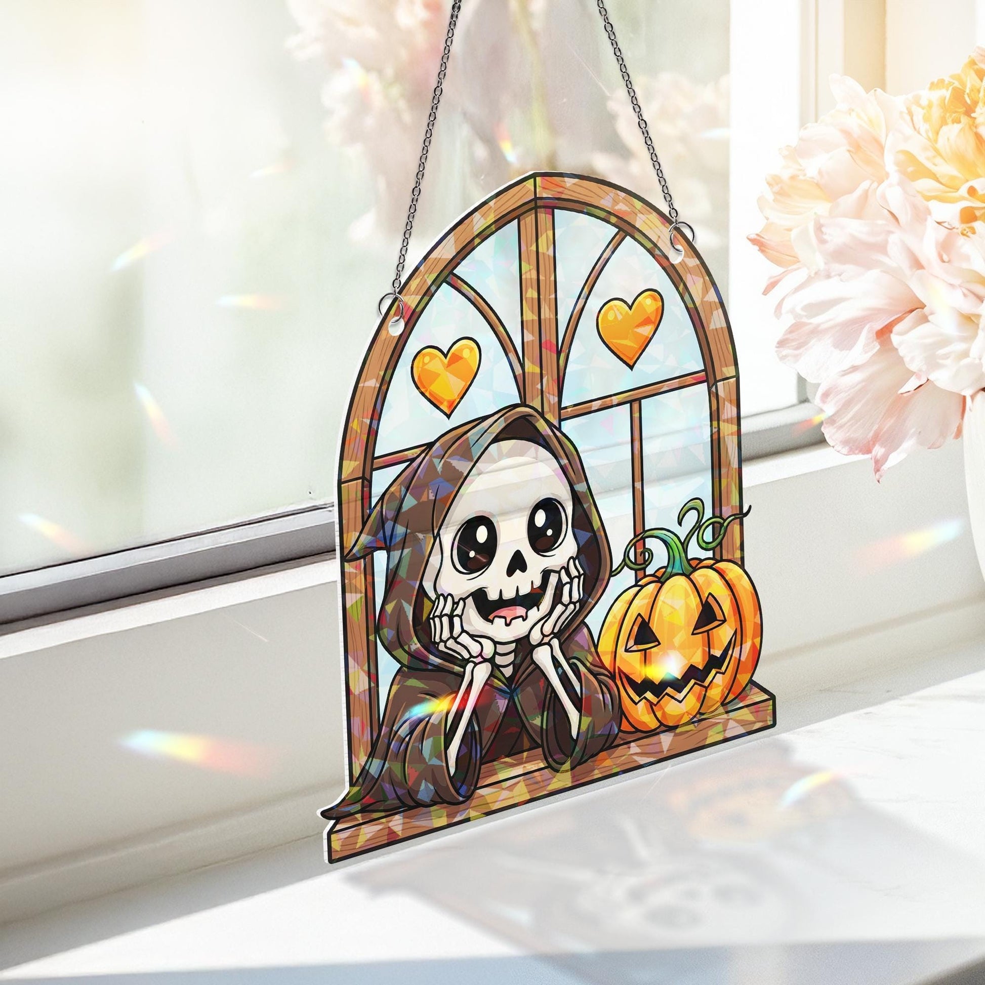 Adorable Chibi Grim Reaper Window Ornament | Cute Halloween Skeleton Decor | Spooky Kawaii Art | Unique Gift
