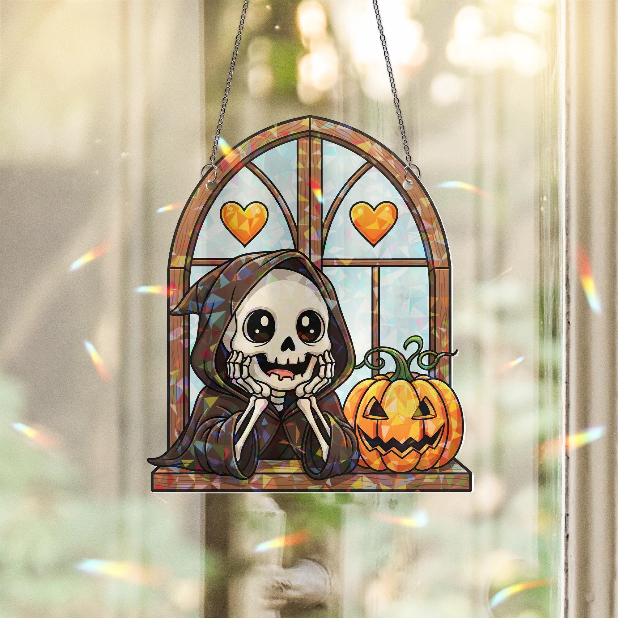 Adorable Chibi Grim Reaper Window Ornament | Cute Halloween Skeleton Decor | Spooky Kawaii Art | Unique Gift