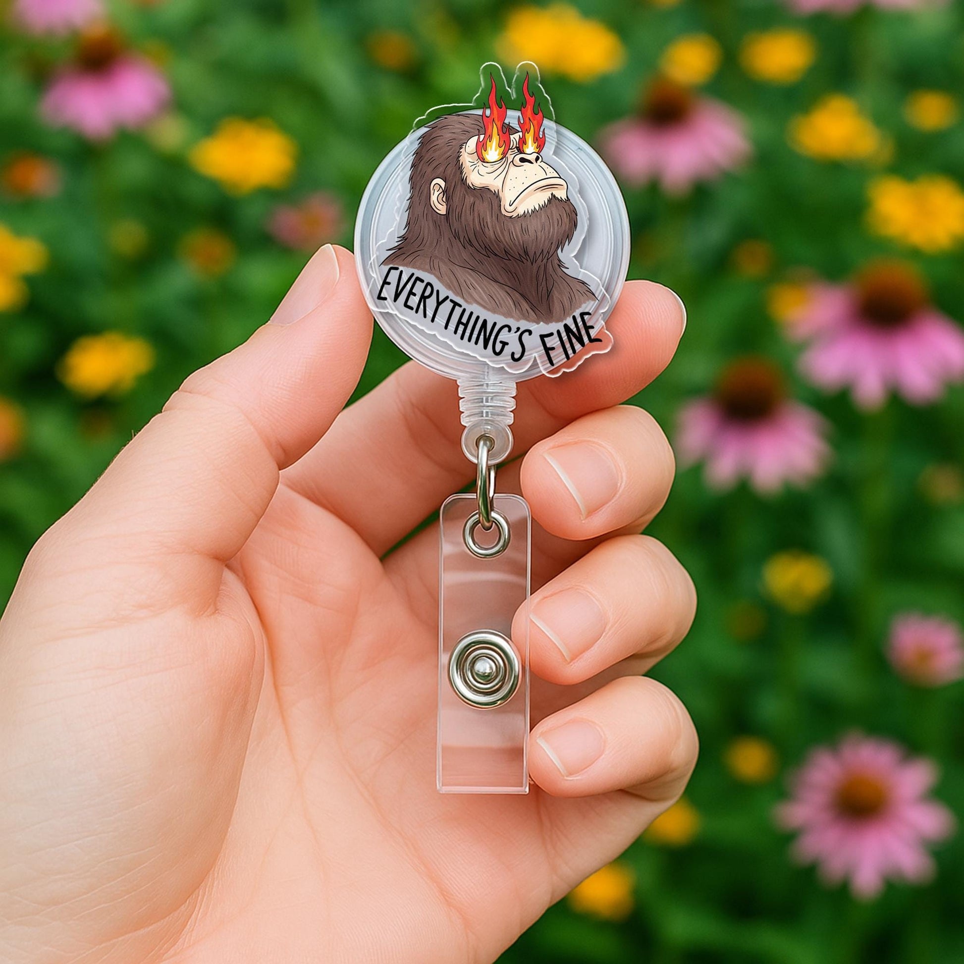 Sasquatch Badge Reel – Funny “Everything’s Fine” ID Holder, Bigfoot Fire Eyes Clip, Retractable Badge Humor for Nurses, Teachers, Office