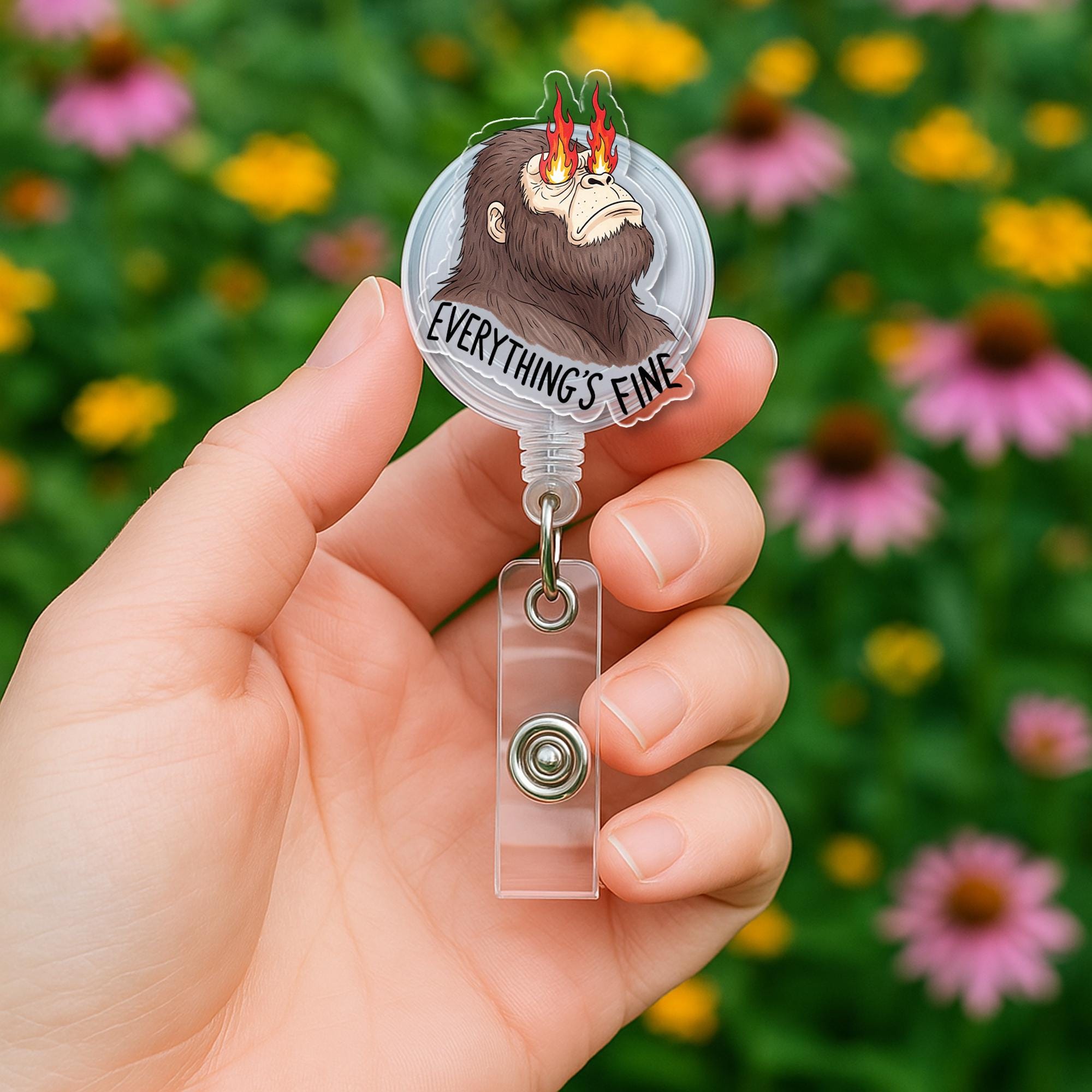 Sasquatch Badge Reel – Funny “Everything’s Fine” ID Holder, Bigfoot Fire Eyes Clip, Retractable Badge Humor for Nurses, Teachers, Office