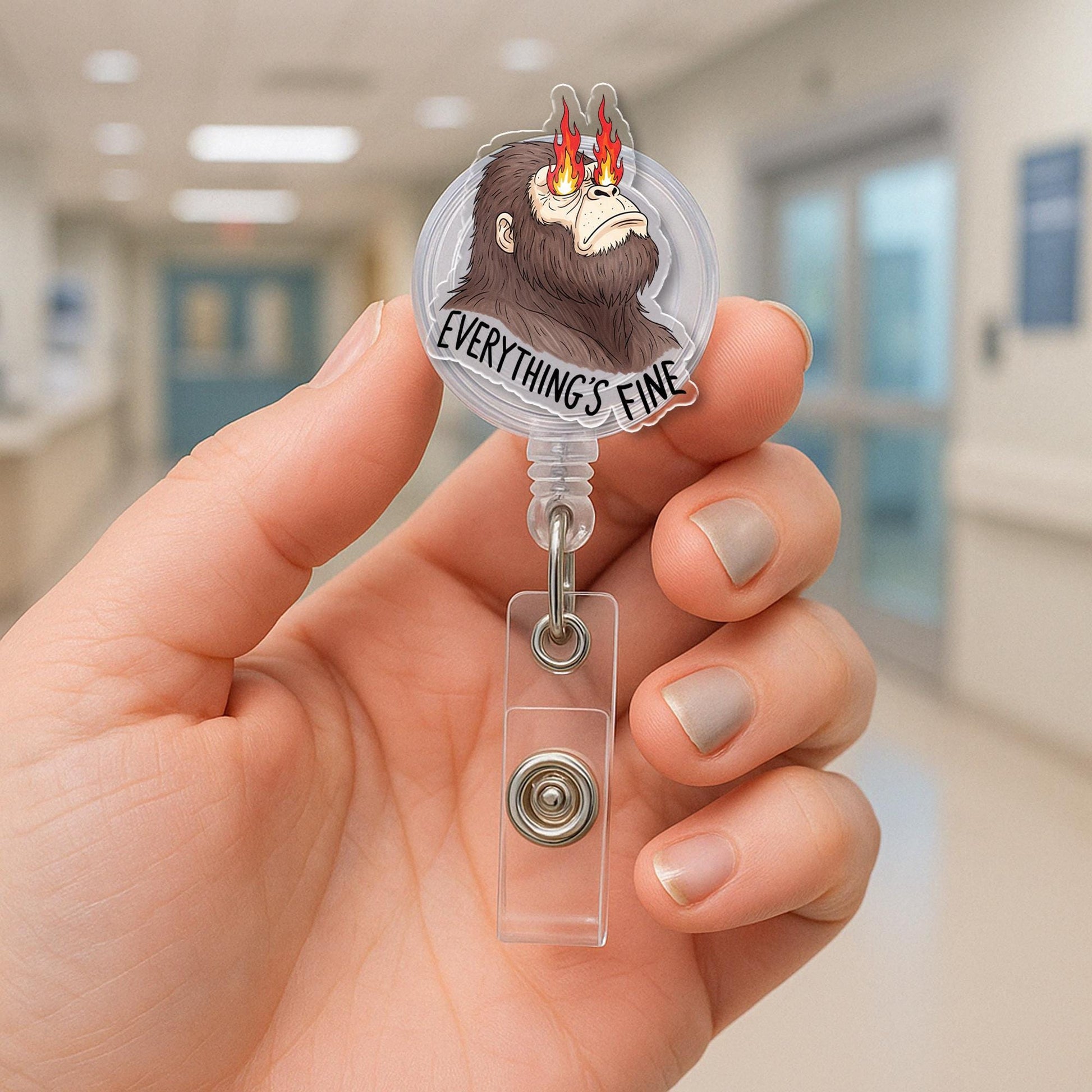 Sasquatch Badge Reel – Funny “Everything’s Fine” ID Holder, Bigfoot Fire Eyes Clip, Retractable Badge Humor for Nurses, Teachers, Office