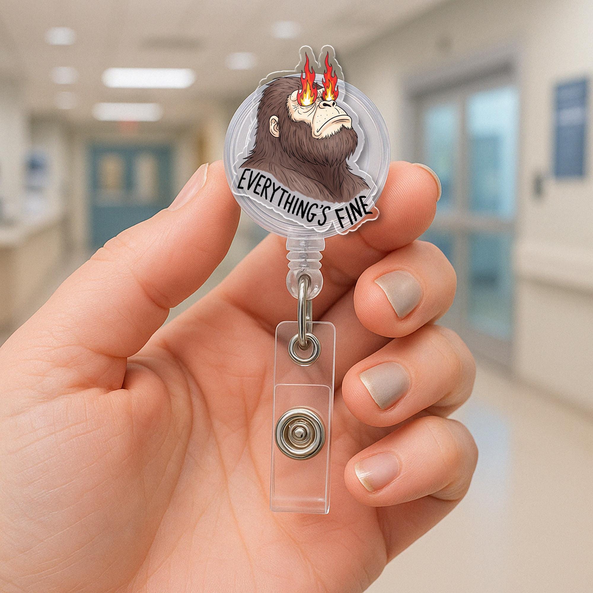 Sasquatch Badge Reel – Funny “Everything’s Fine” ID Holder, Bigfoot Fire Eyes Clip, Retractable Badge Humor for Nurses, Teachers, Office