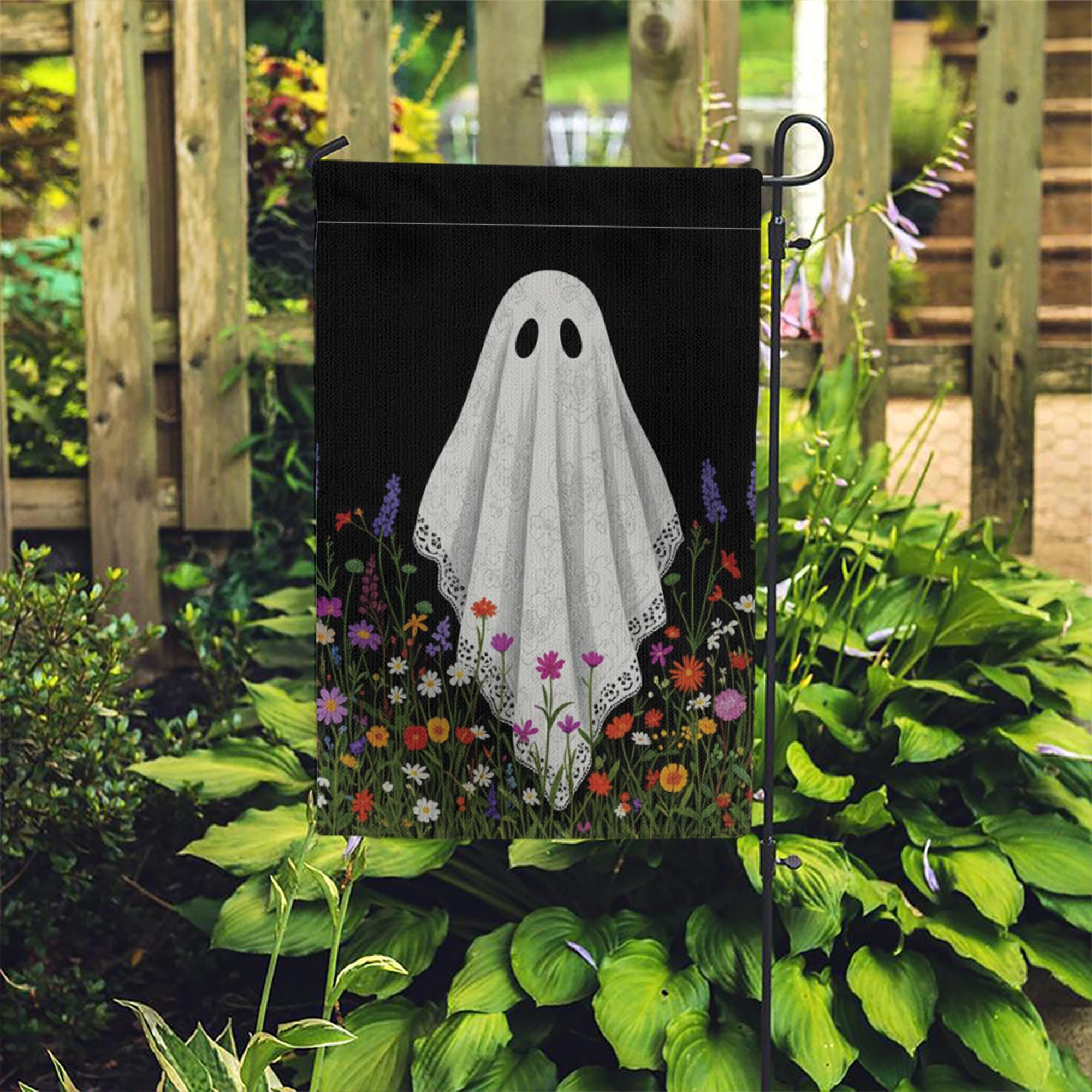 Ghost Wildflower Meadow Flag – Cute Floral Halloween Yard Banner, Cottagecore Ghost Outdoor Decor, Spooky Wildflower Flag for Fall Porch