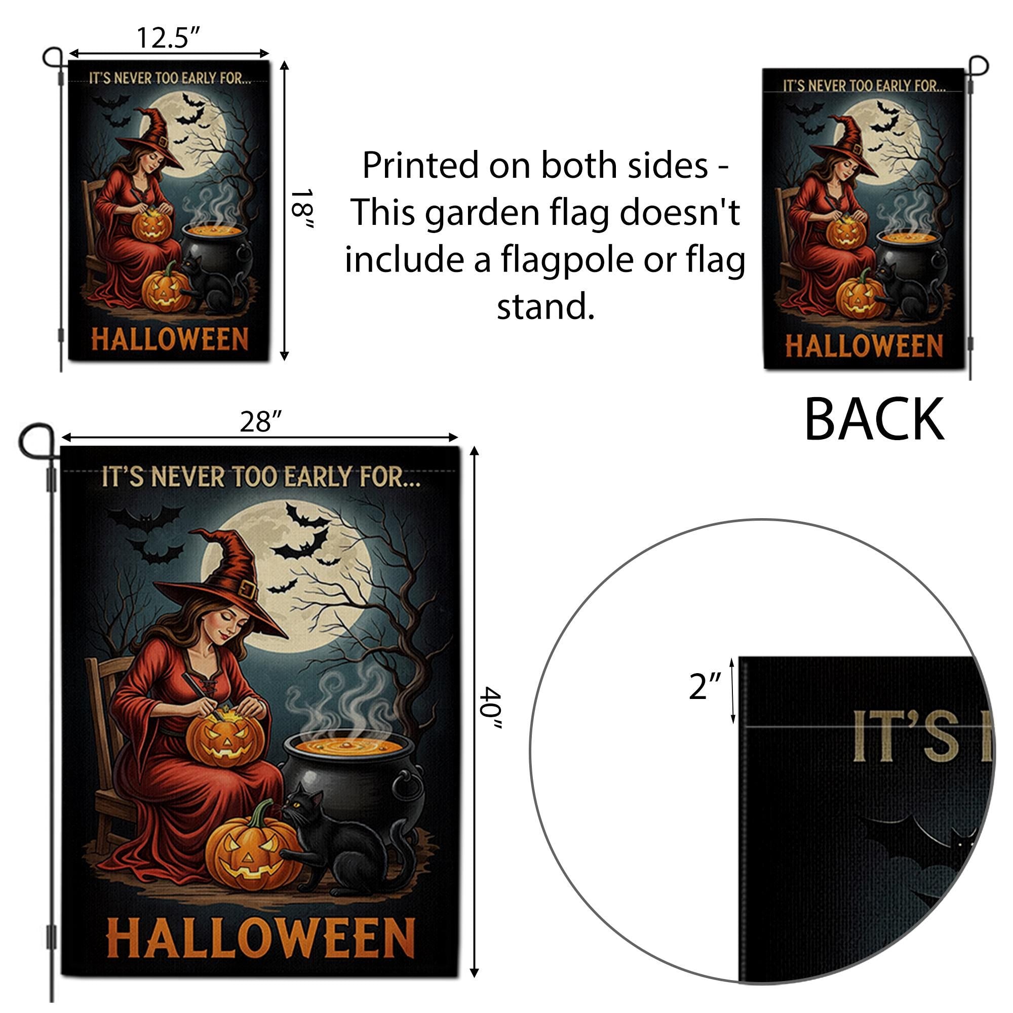 It’s Never Too Early for Halloween Flag – Witch Garden Flag with Pumpkins, Black Cat, and Moon, Spooky Fall Outdoor Yard Banner Decor