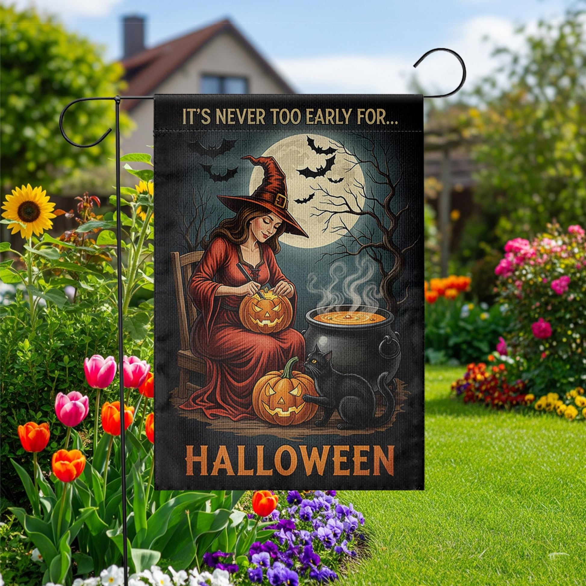 It’s Never Too Early for Halloween Flag – Witch Garden Flag with Pumpkins, Black Cat, and Moon, Spooky Fall Outdoor Yard Banner Decor