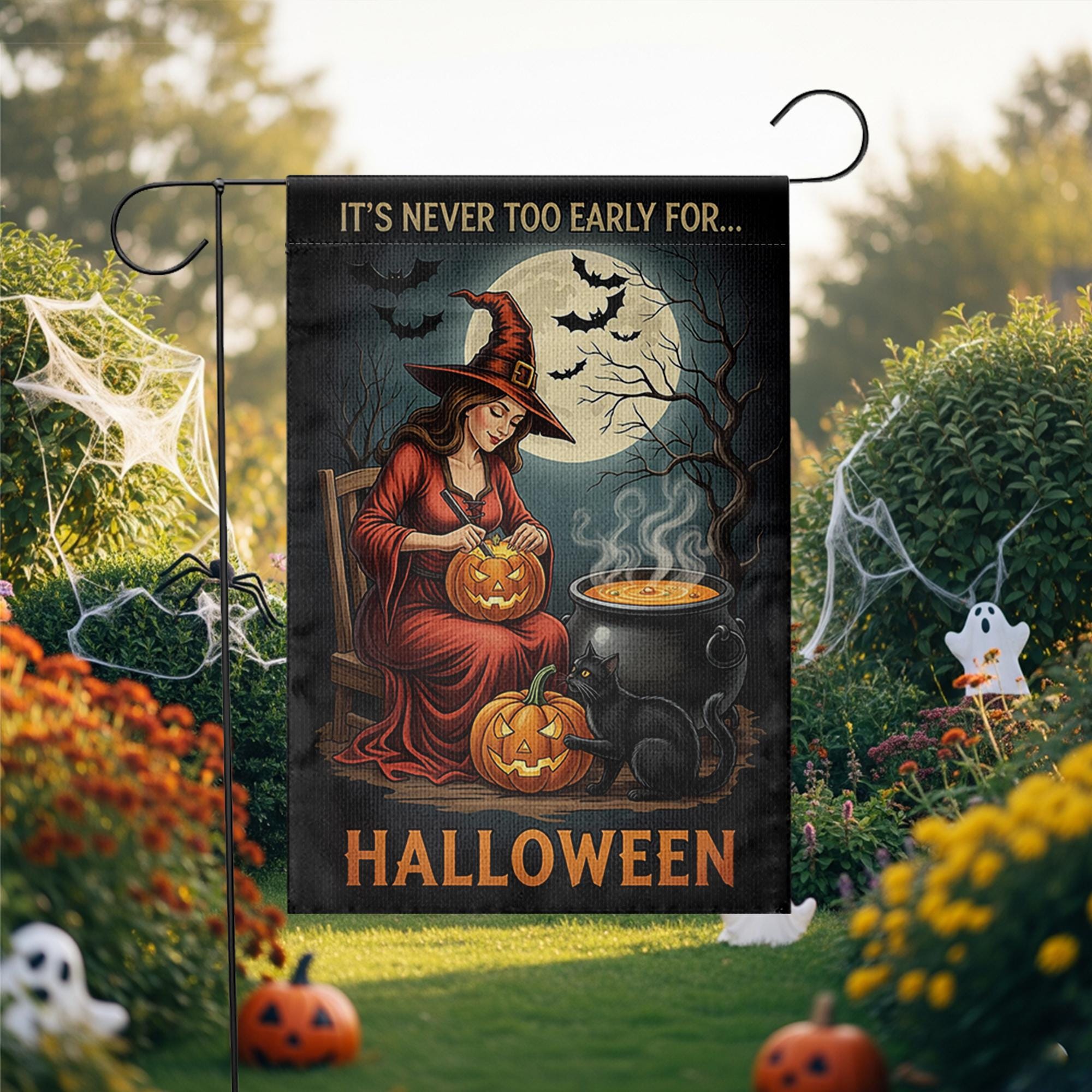 It’s Never Too Early for Halloween Flag – Witch Garden Flag with Pumpkins, Black Cat, and Moon, Spooky Fall Outdoor Yard Banner Decor