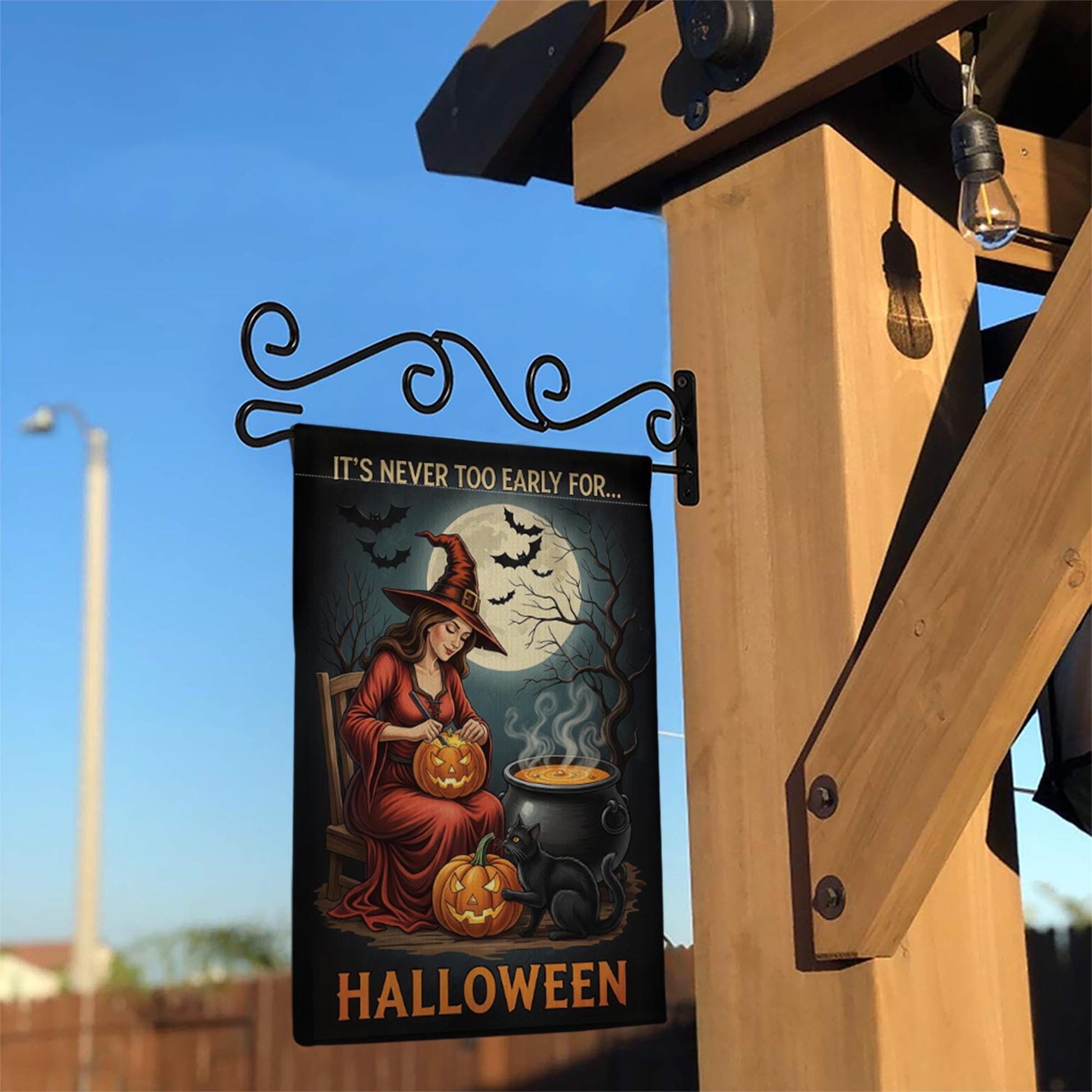 It’s Never Too Early for Halloween Flag – Witch Garden Flag with Pumpkins, Black Cat, and Moon, Spooky Fall Outdoor Yard Banner Decor