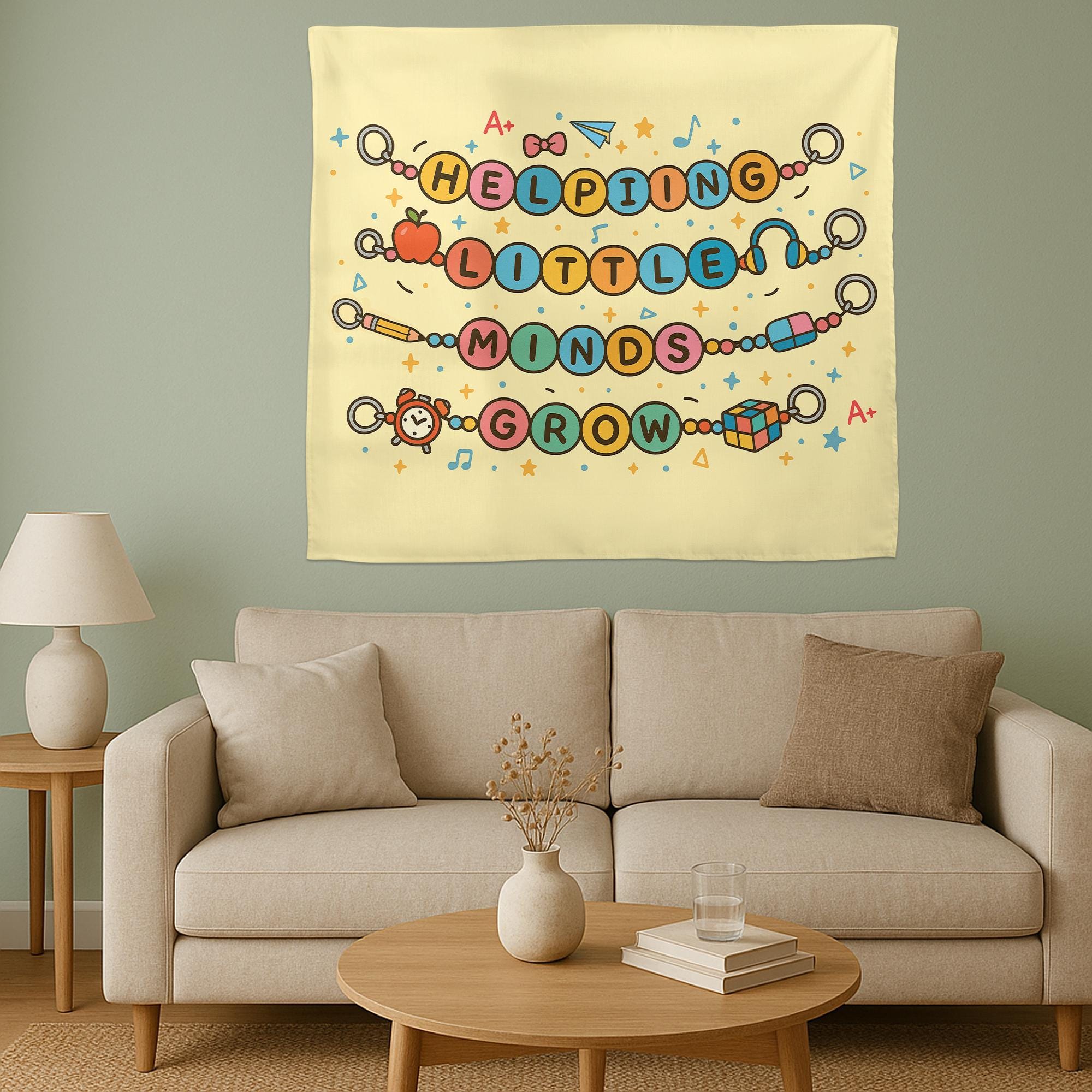 Helping Little Minds Grow Tapestry – Cute Teacher Classroom Wall Decor, Preschool Teacher Gift, Motivational School Banner