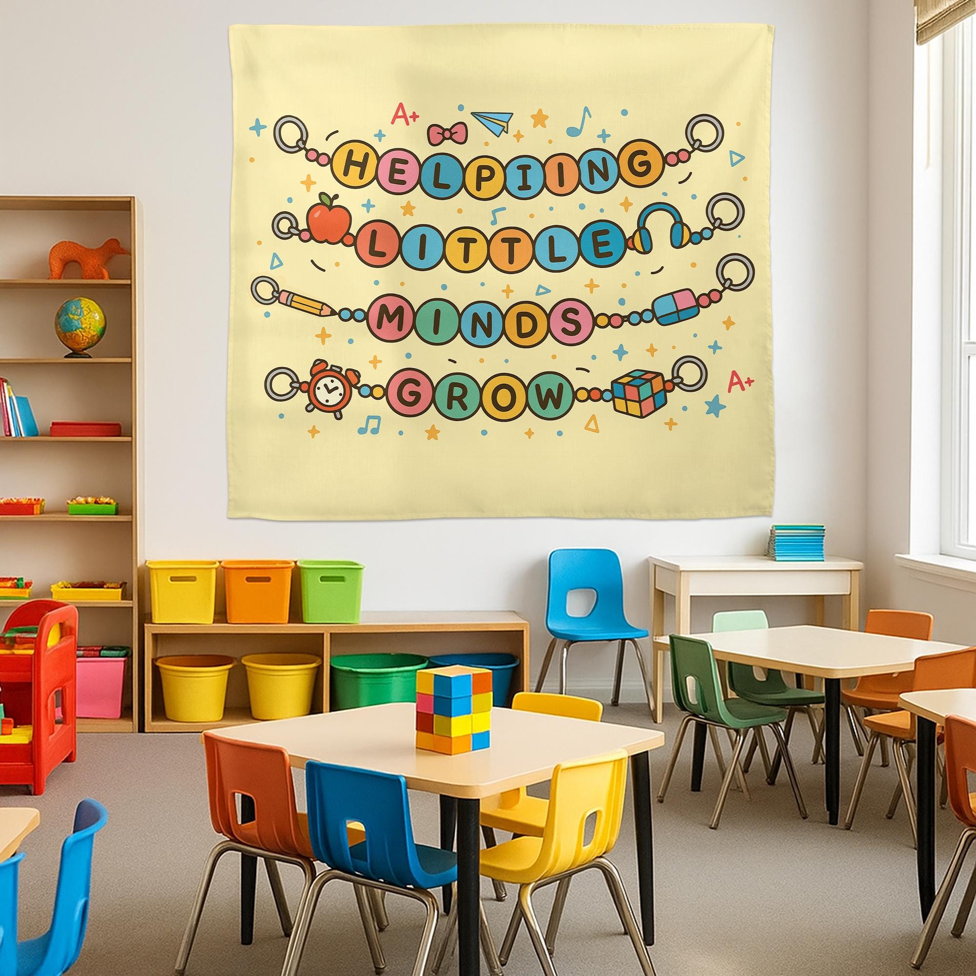 Helping Little Minds Grow Tapestry – Cute Teacher Classroom Wall Decor, Preschool Teacher Gift, Motivational School Banner
